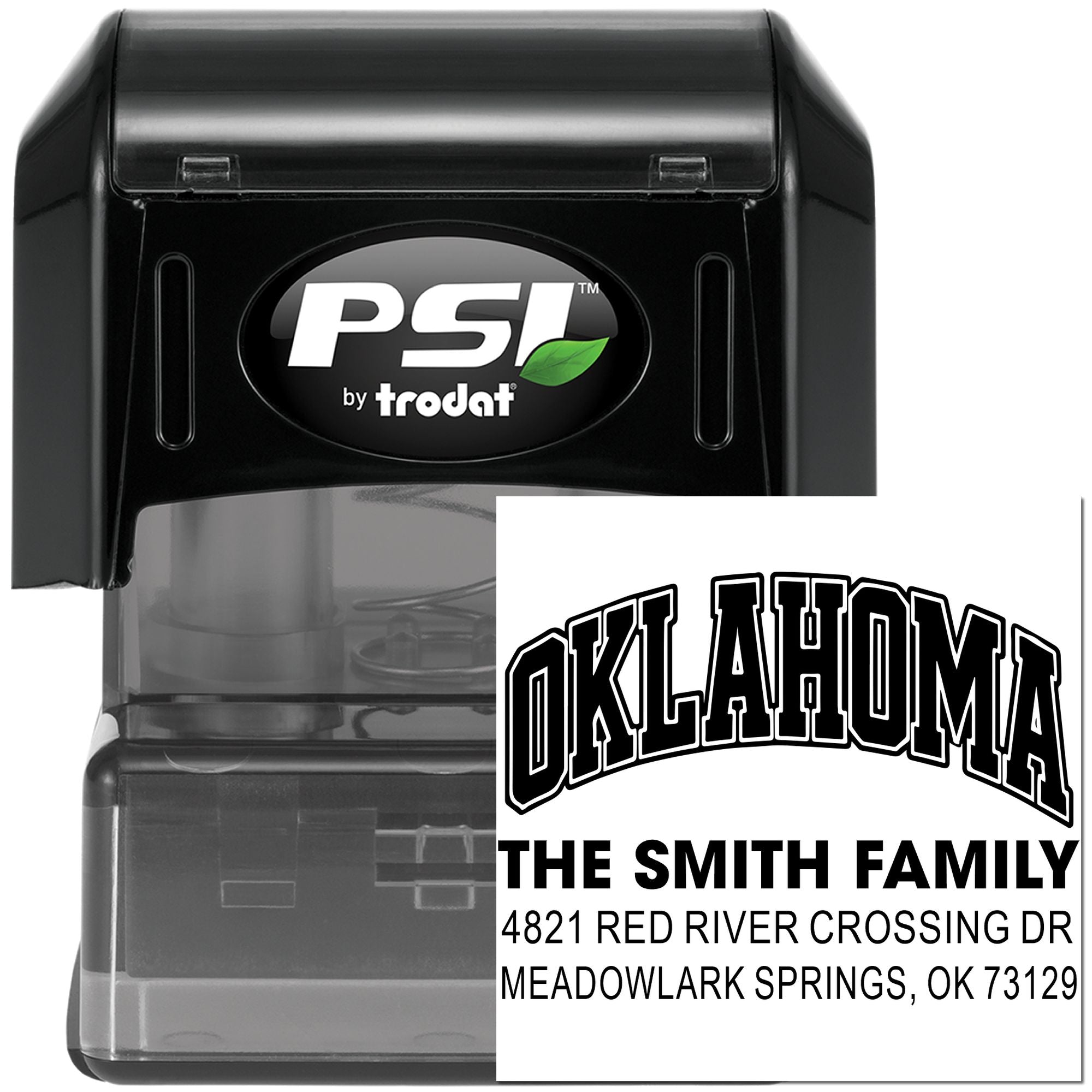 Custom self-inking rubber address stamp by PSI Trodat with Oklahoma family name and return address imprint for mailing envelopes.