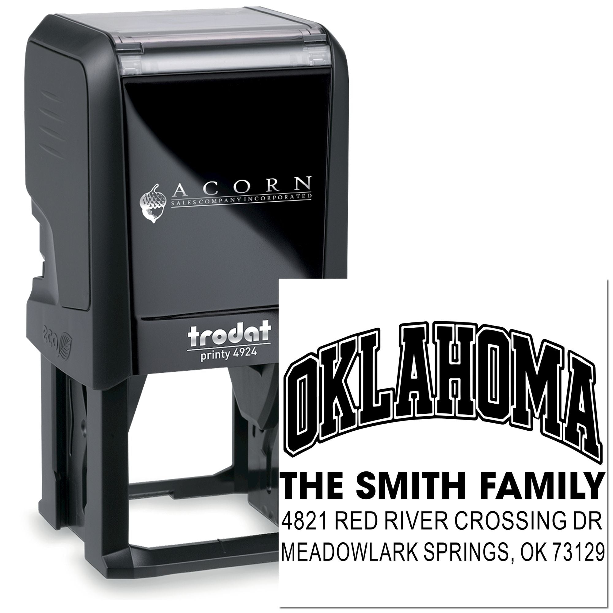 Custom self-inking Trodat Printy rubber address stamp with Oklahoma family name and mailing address for return mail.