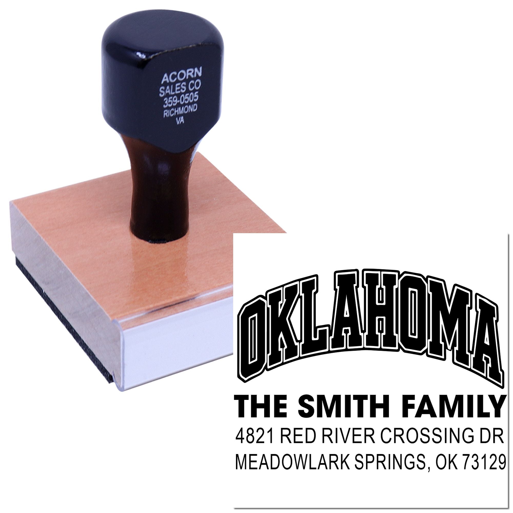 Custom rubber address stamp with Oklahoma family name and return address design for envelopes and mailing.