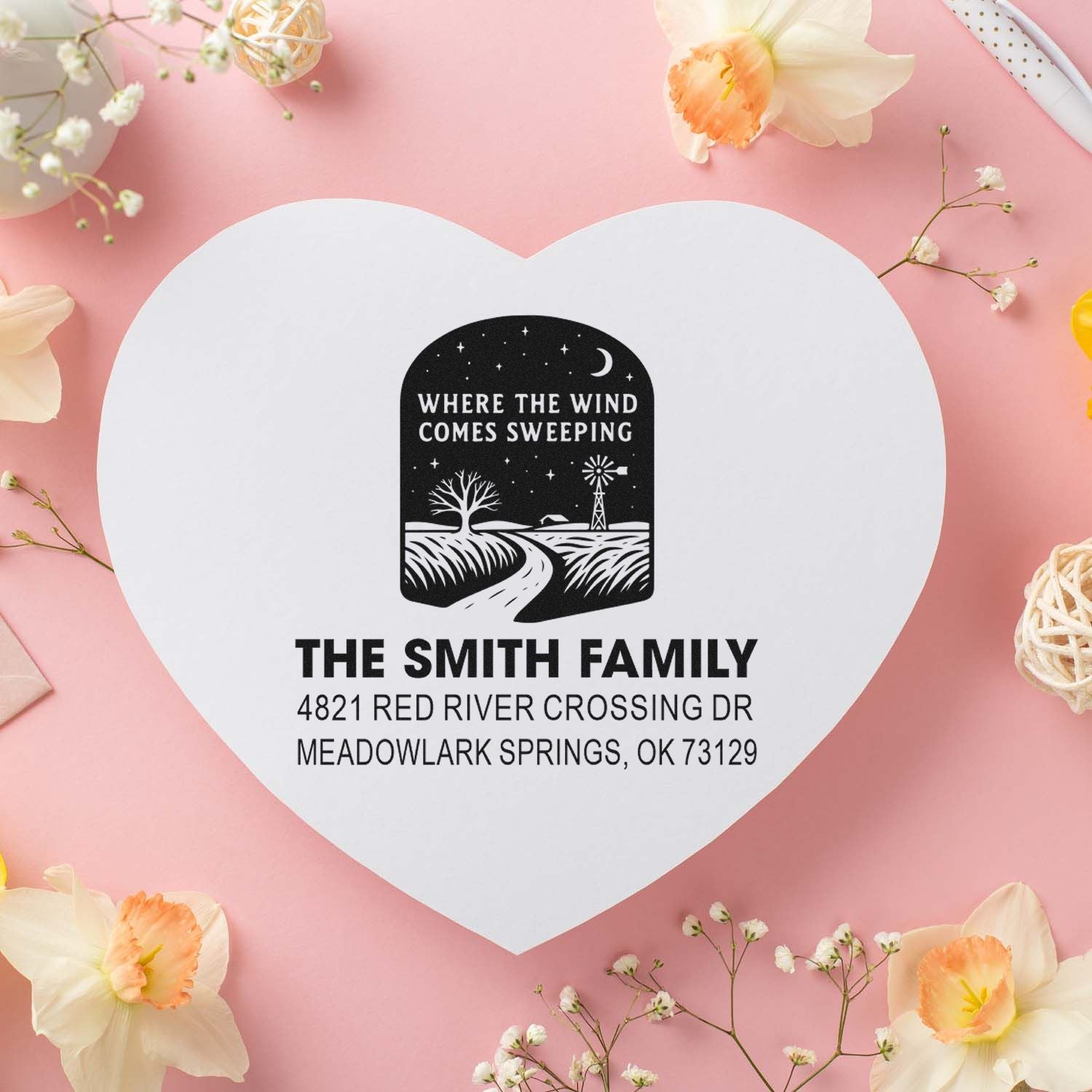 Custom rubber stamp design for The Smith Family address stamp with farmhouse windmill artwork on a heart card.