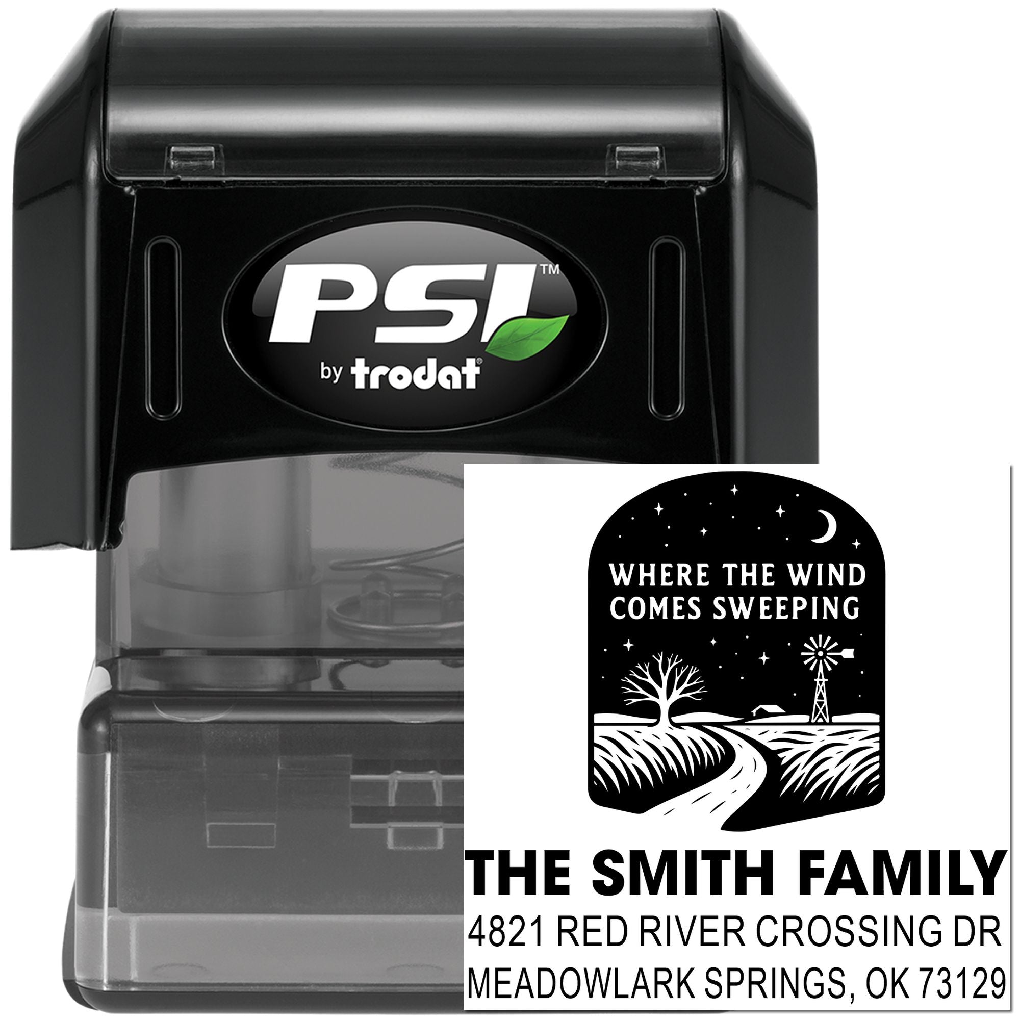 PSI by Trodat custom self-inking return address rubber stamp with The Smith Family design