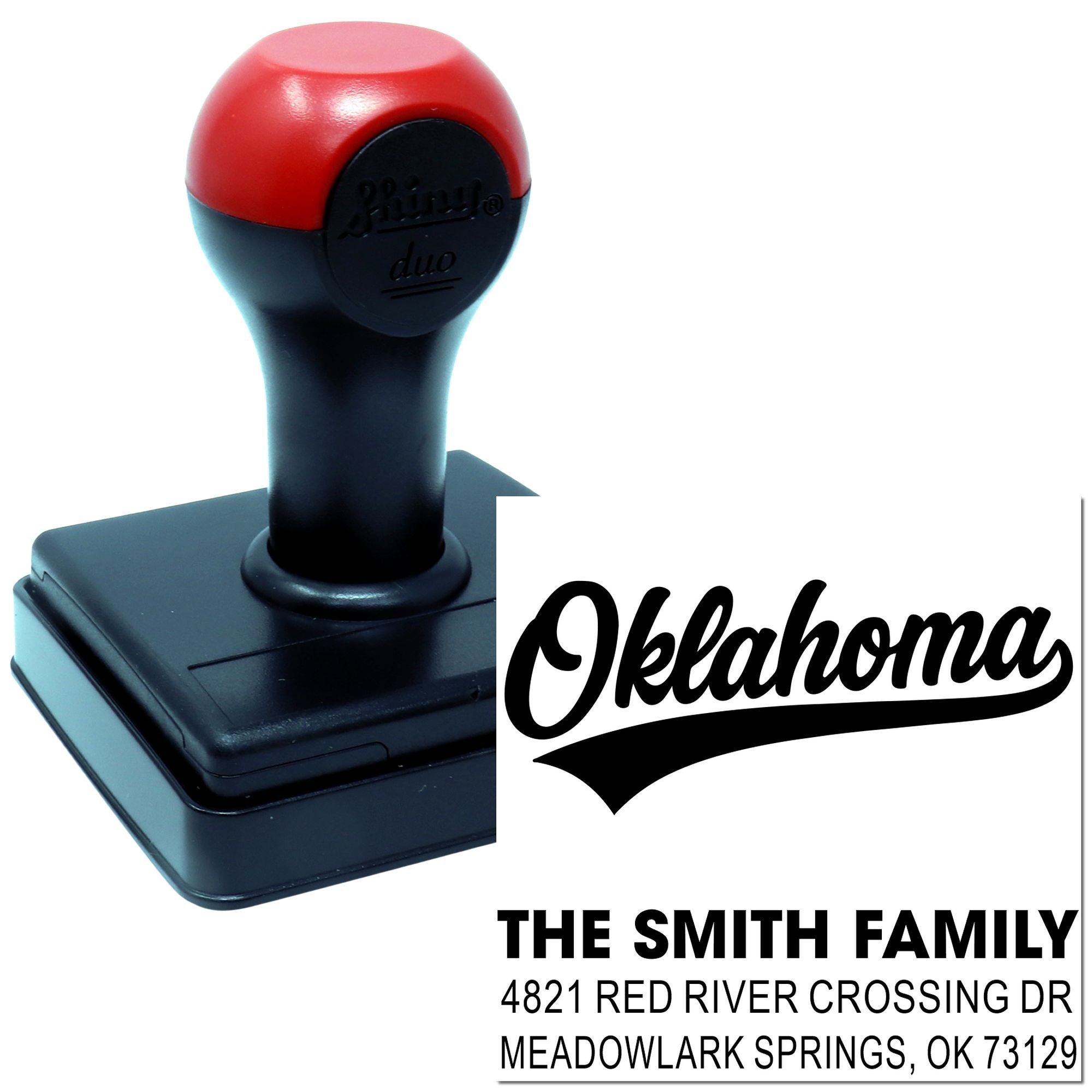 Personalized self-inking address rubber stamp with Oklahoma return address for The Smith Family