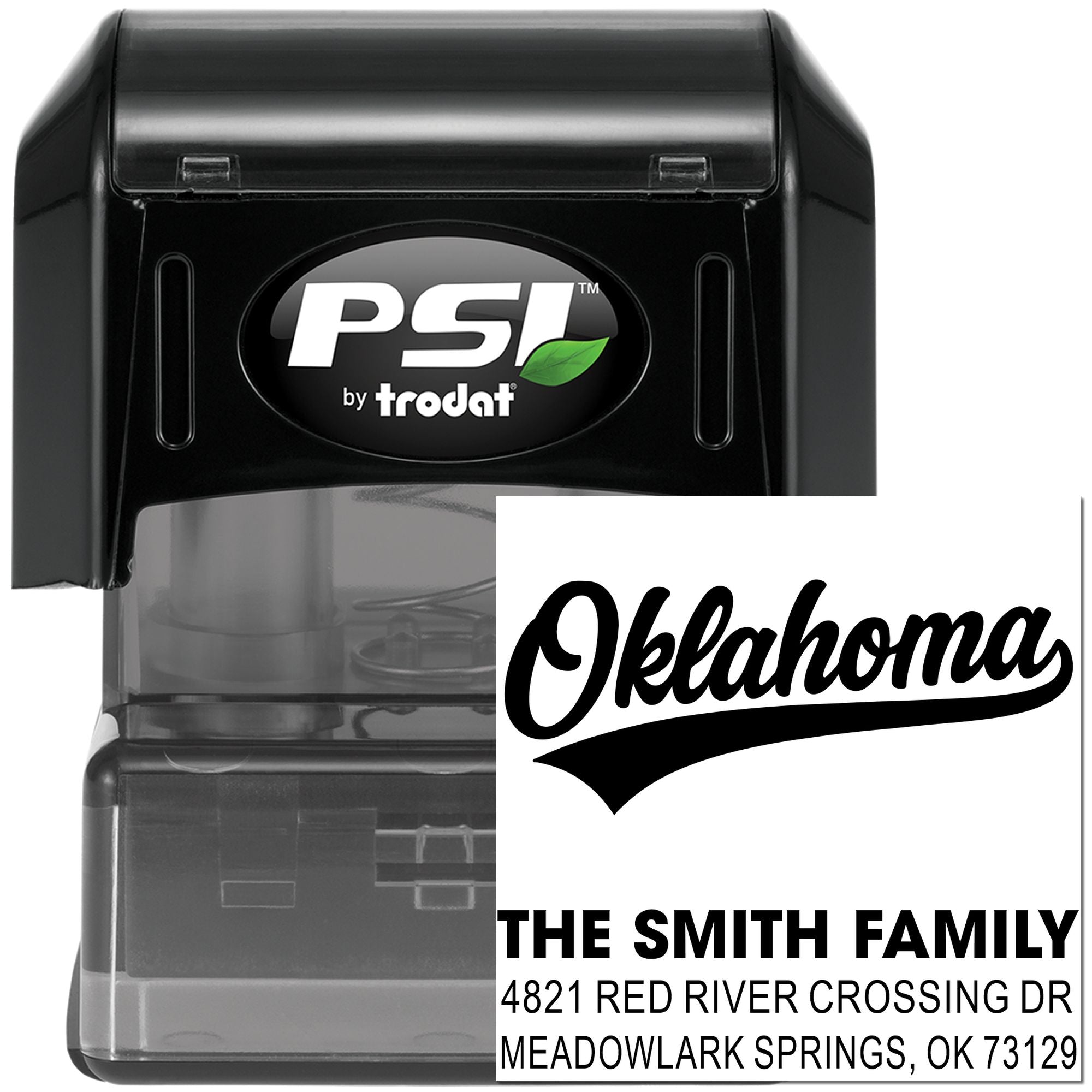 PSI by Trodat self-inking custom address rubber stamp with Oklahoma return address for The Smith Family