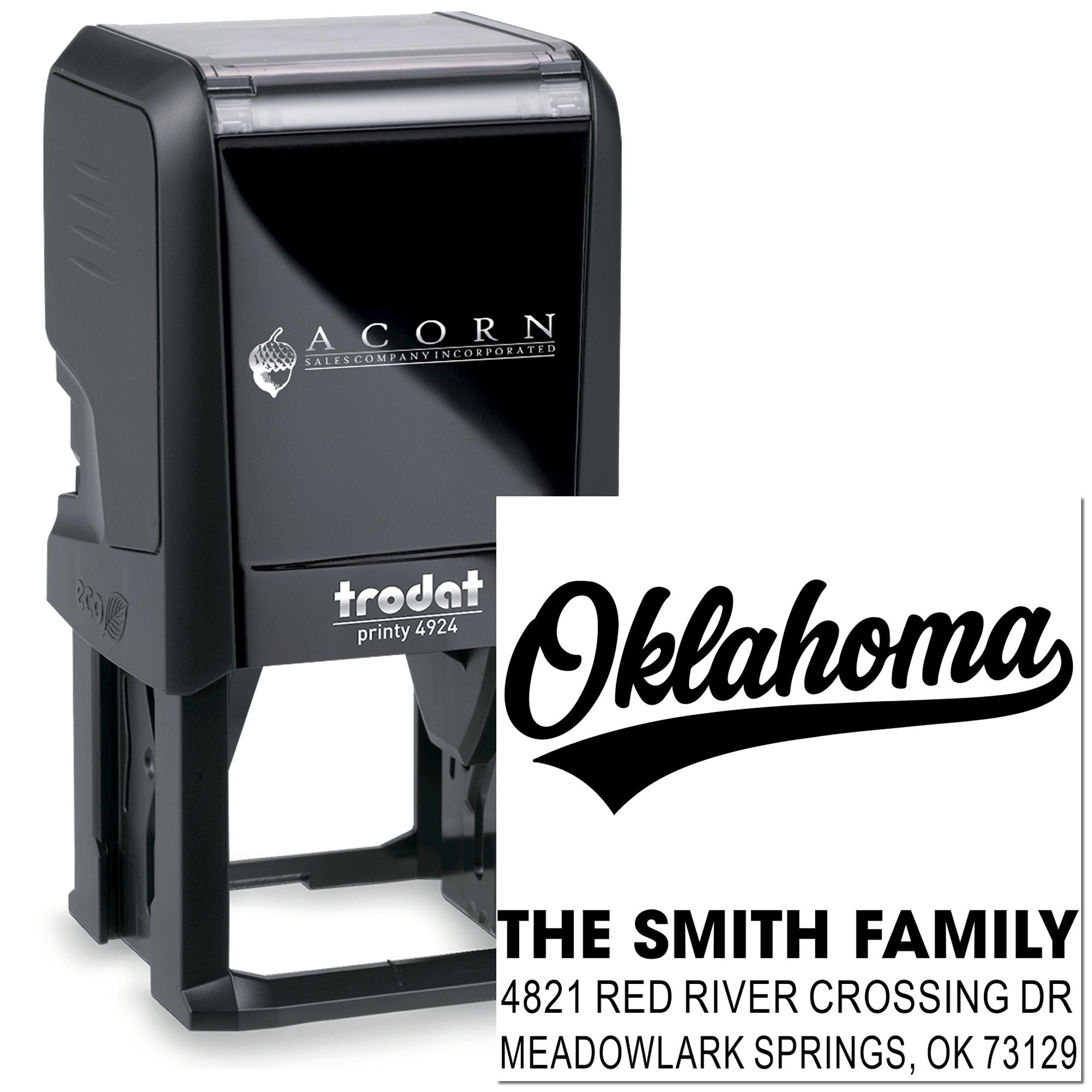 Custom self-inking rubber address stamp, Trodat Printy 4924, with Oklahoma script and Smith family return address.