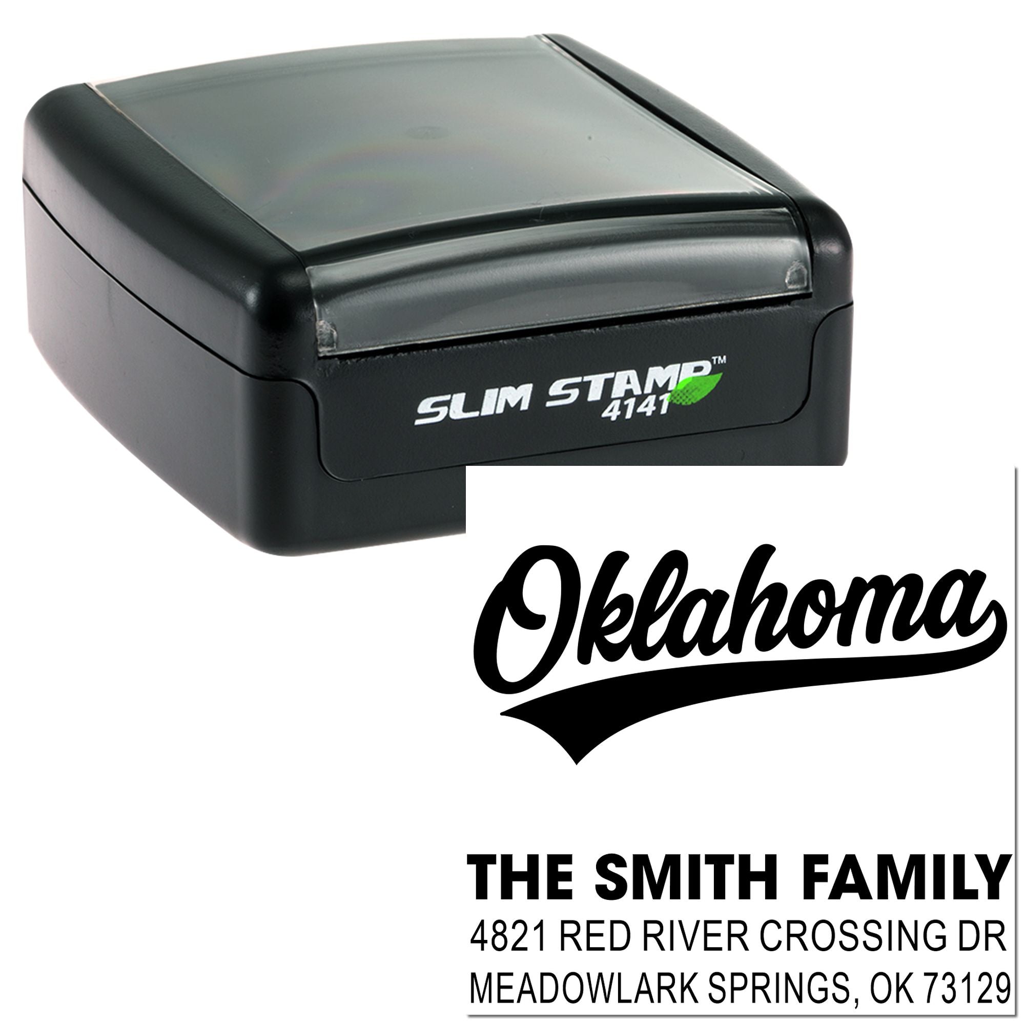 Slim Stamp 4141 self-inking custom address rubber stamp with Oklahoma return address design for The Smith Family.