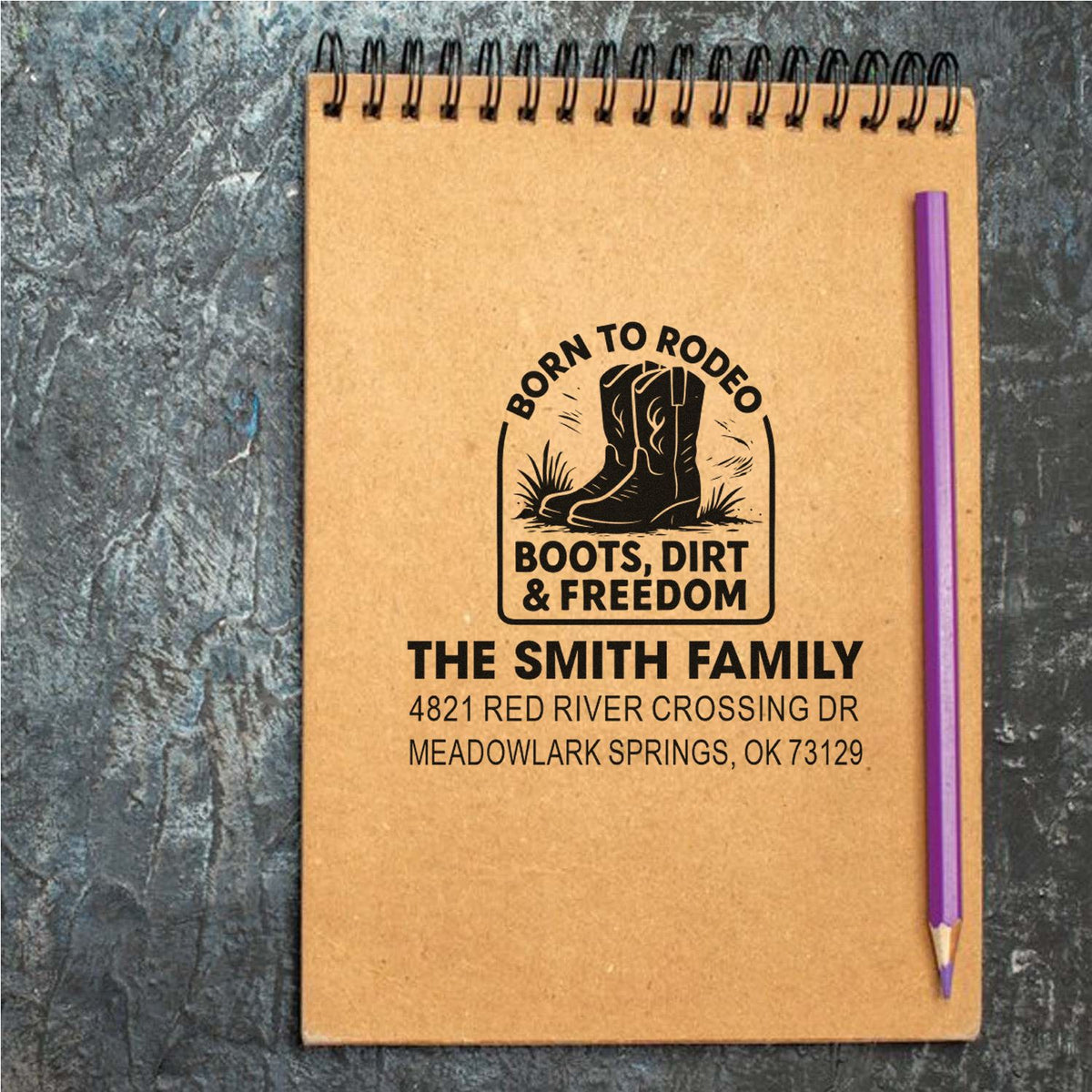 Custom rodeo boots return address rubber stamp for The Smith Family, ideal for western ranch stationery