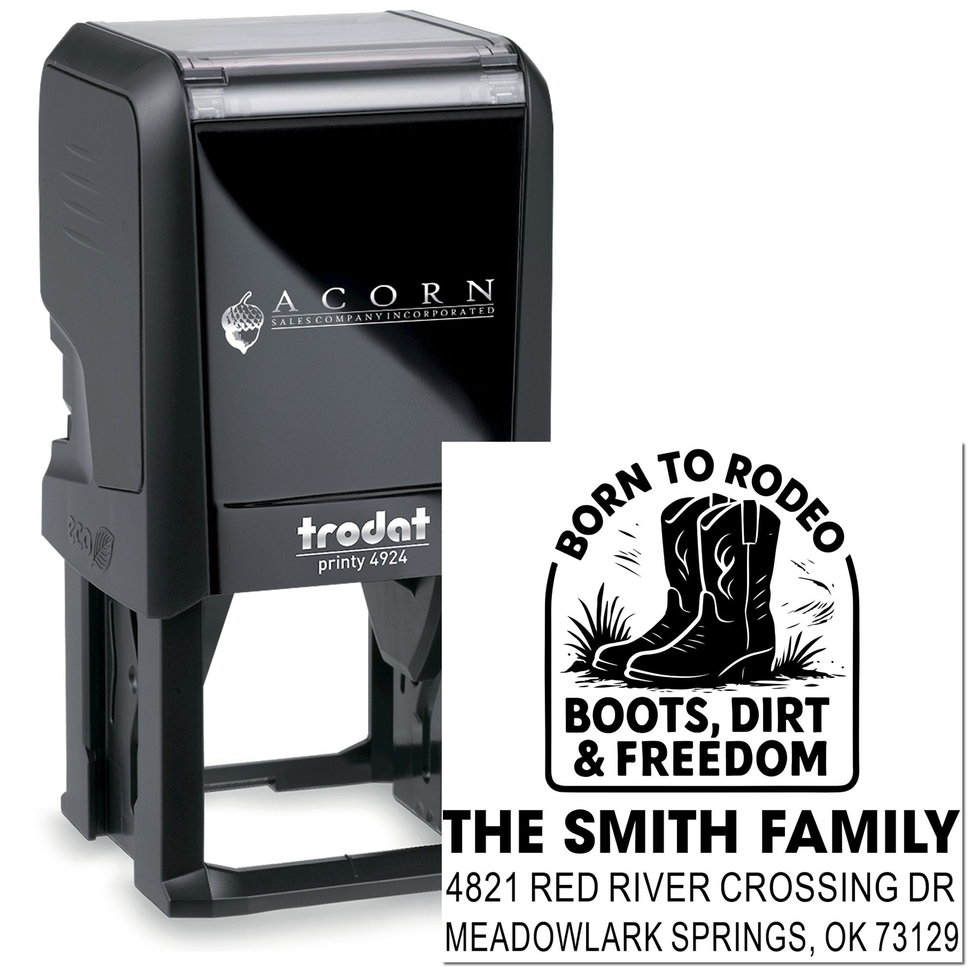 Custom self-inking rubber stamp with Trodat Printy 4924 and personalized family address design for ranch-themed mail.