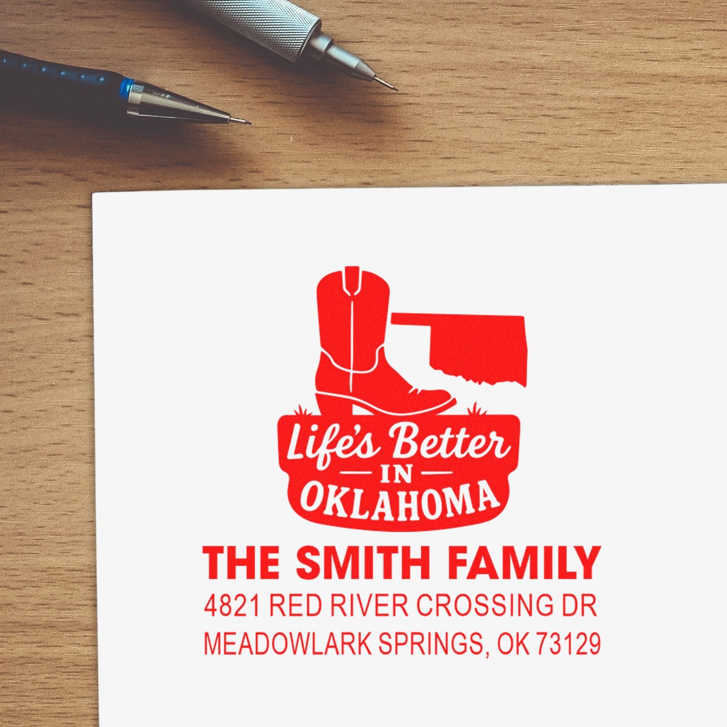 Custom Oklahoma family return address rubber stamp design with boot graphic and Lifes Better in Oklahoma text.