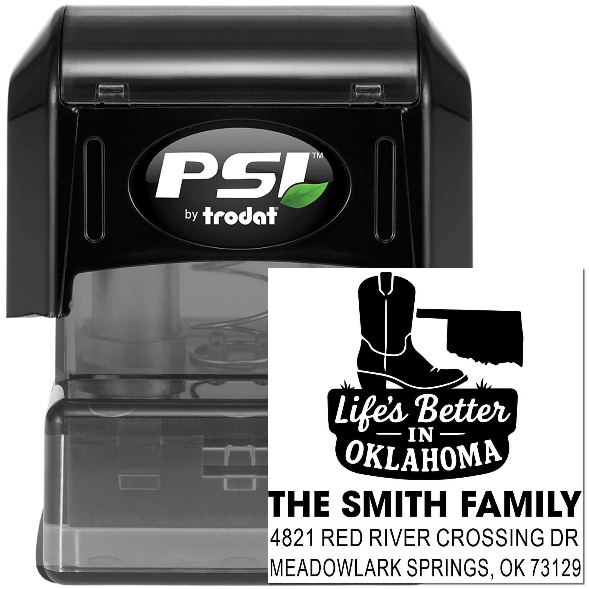 PSI by Trodat personalized self-inking rubber stamp with Oklahoma family return address design