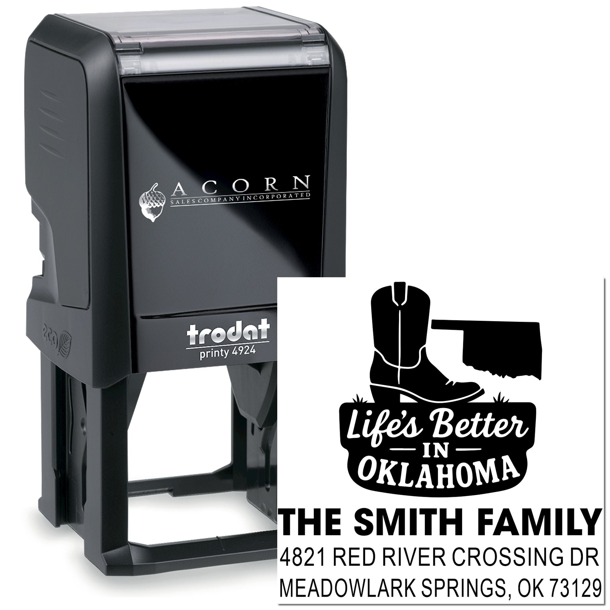 Custom self-inking rubber stamp for The Smith Family address, featuring Oklahoma home design and Trodat Printy 4924.