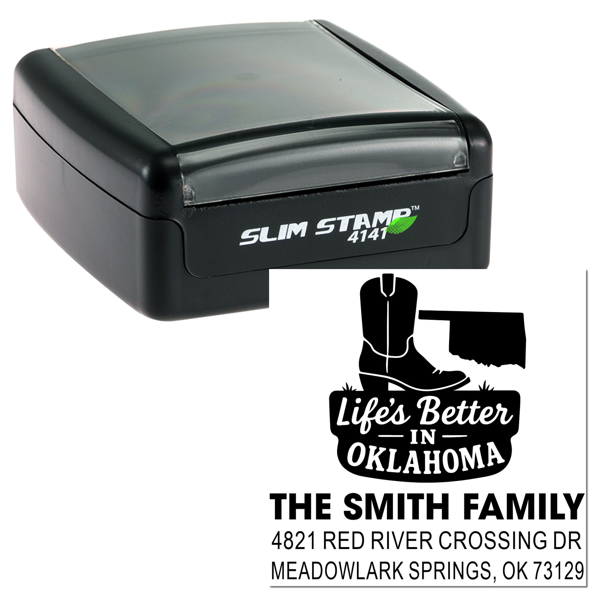 Custom Slim Stamp 4141 self-inking rubber stamp with Oklahoma family return address and personalized home design.