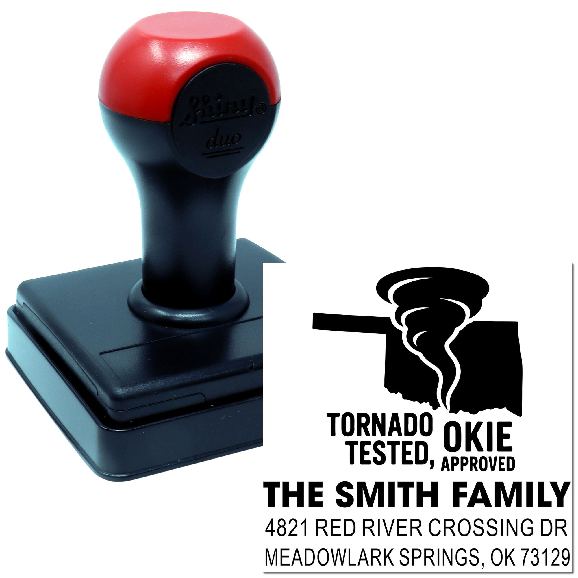 Custom self-inking rubber address stamp for The Smith Family, tornado tested and Okie approved.