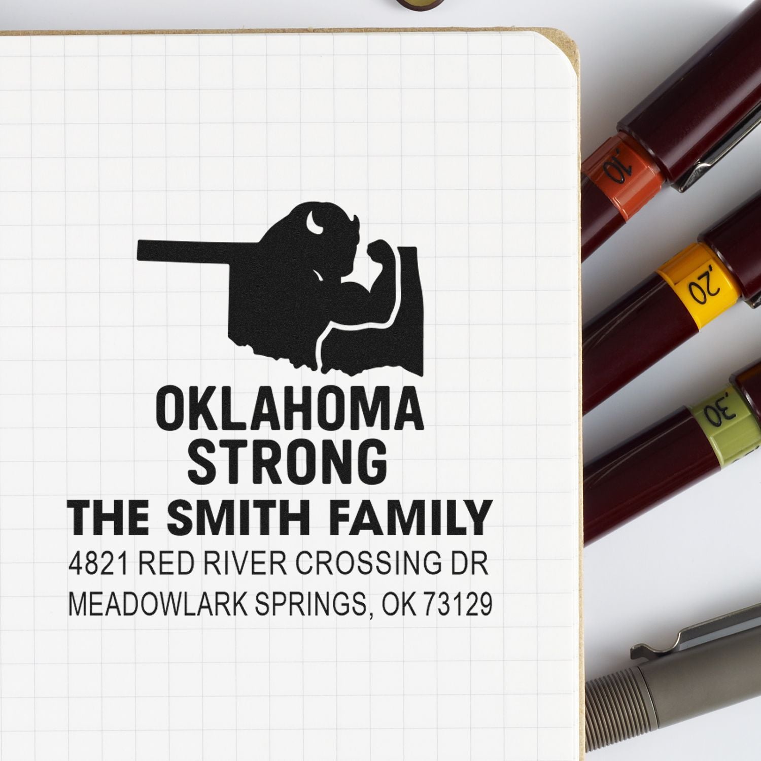 Custom Oklahoma Strong address rubber stamp for The Smith Family with Oklahoma silhouette and return address.