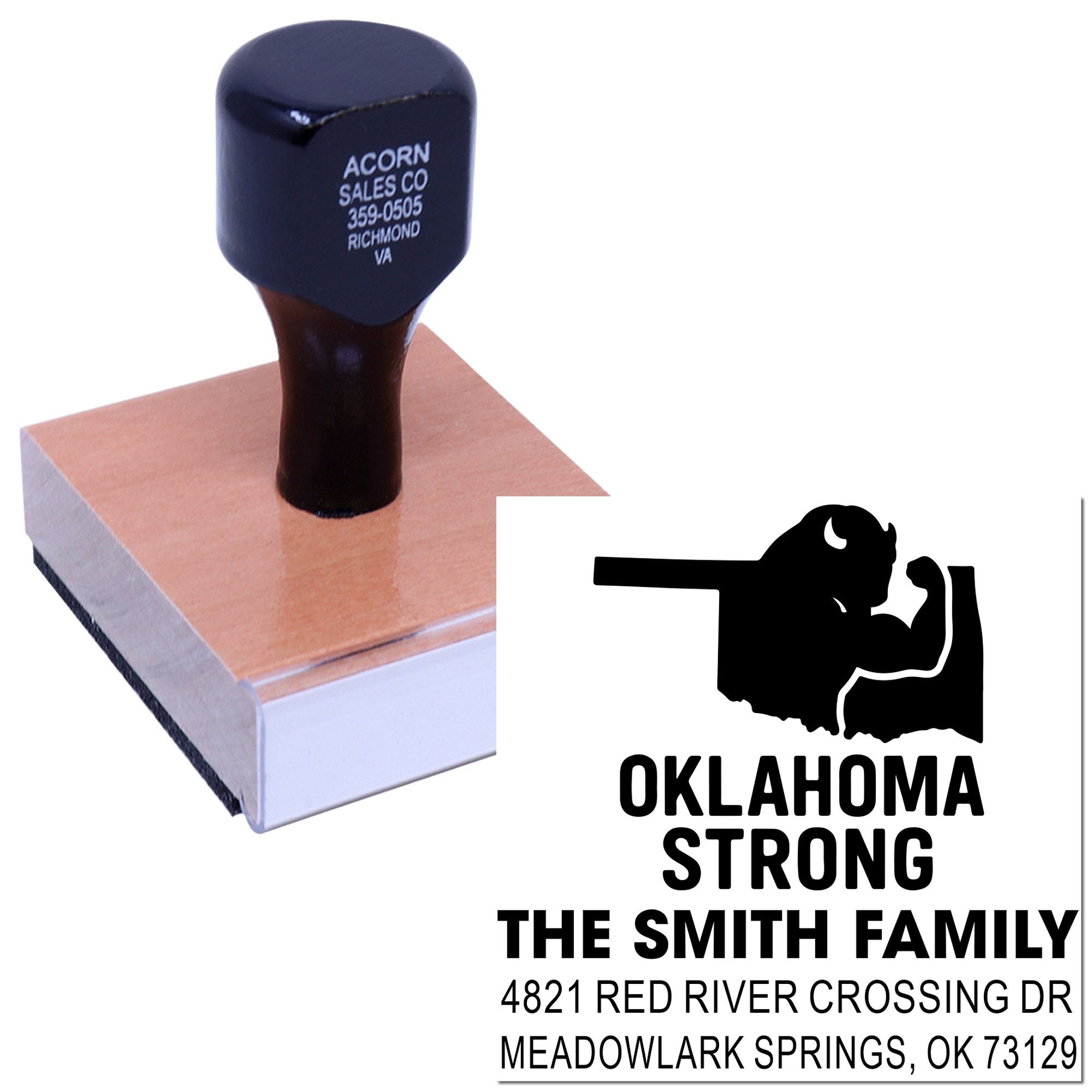 Custom Oklahoma Strong return address rubber stamp showing family name and Oklahoma address imprint