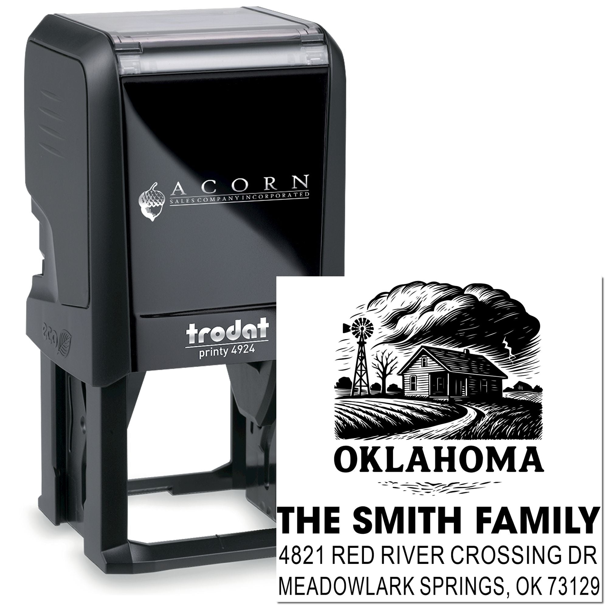 Personalized self-inking rubber address stamp for The Smith Family, featuring Oklahoma design and Trodat Printy 4924.