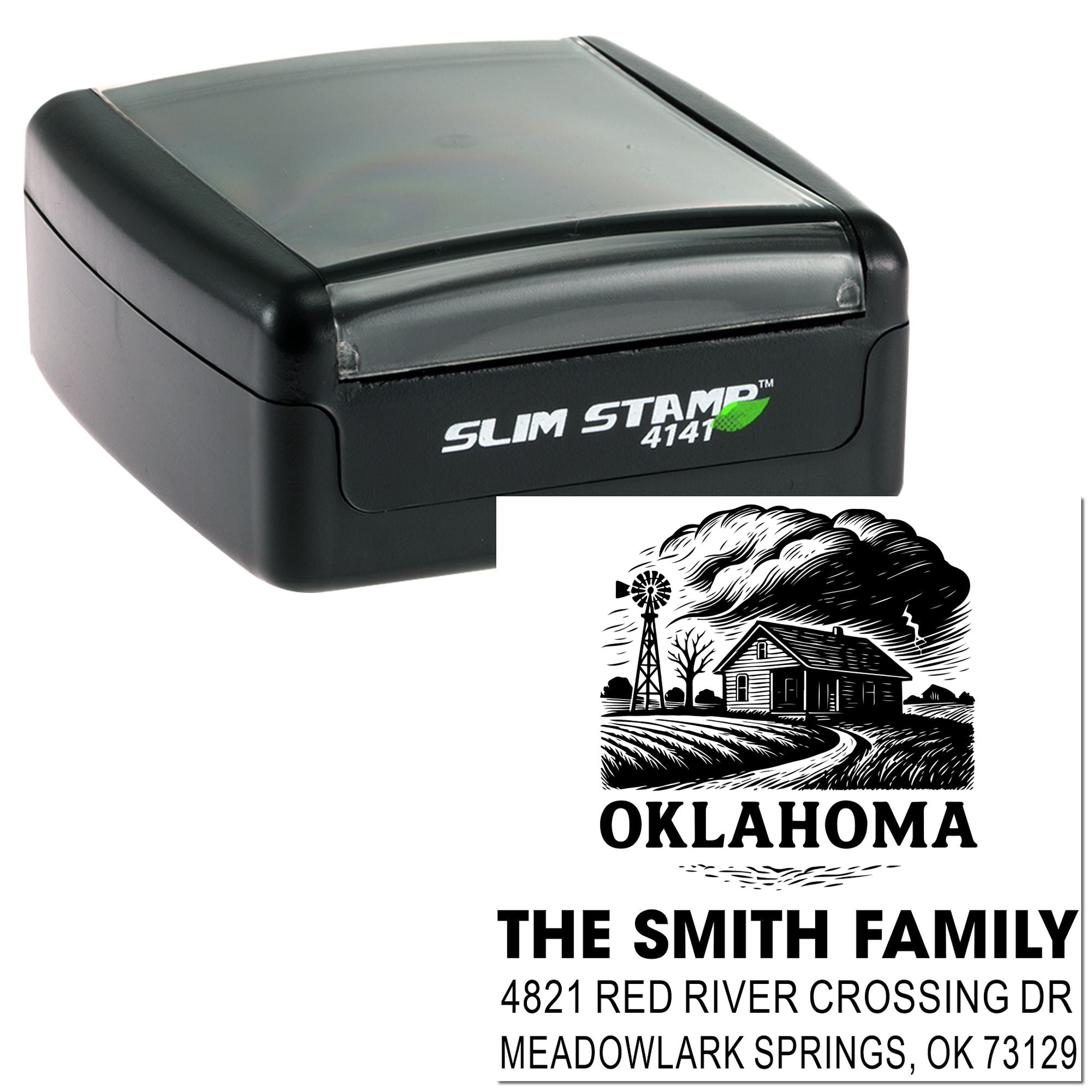 Custom Oklahoma return address rubber stamp with farmhouse windmill design and self-inking Slim Stamp 4141 case.