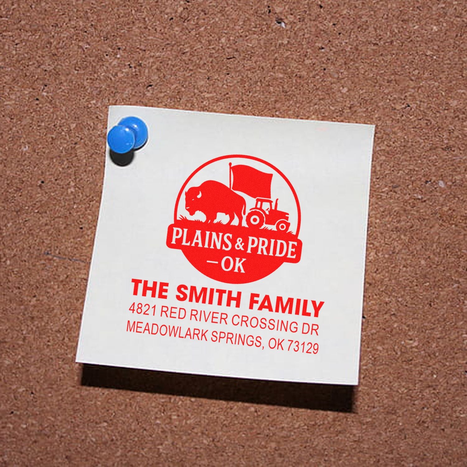 Custom address rubber stamp design with buffalo and tractor logo for Plains & Pride OK, personalized for The Smith Family.