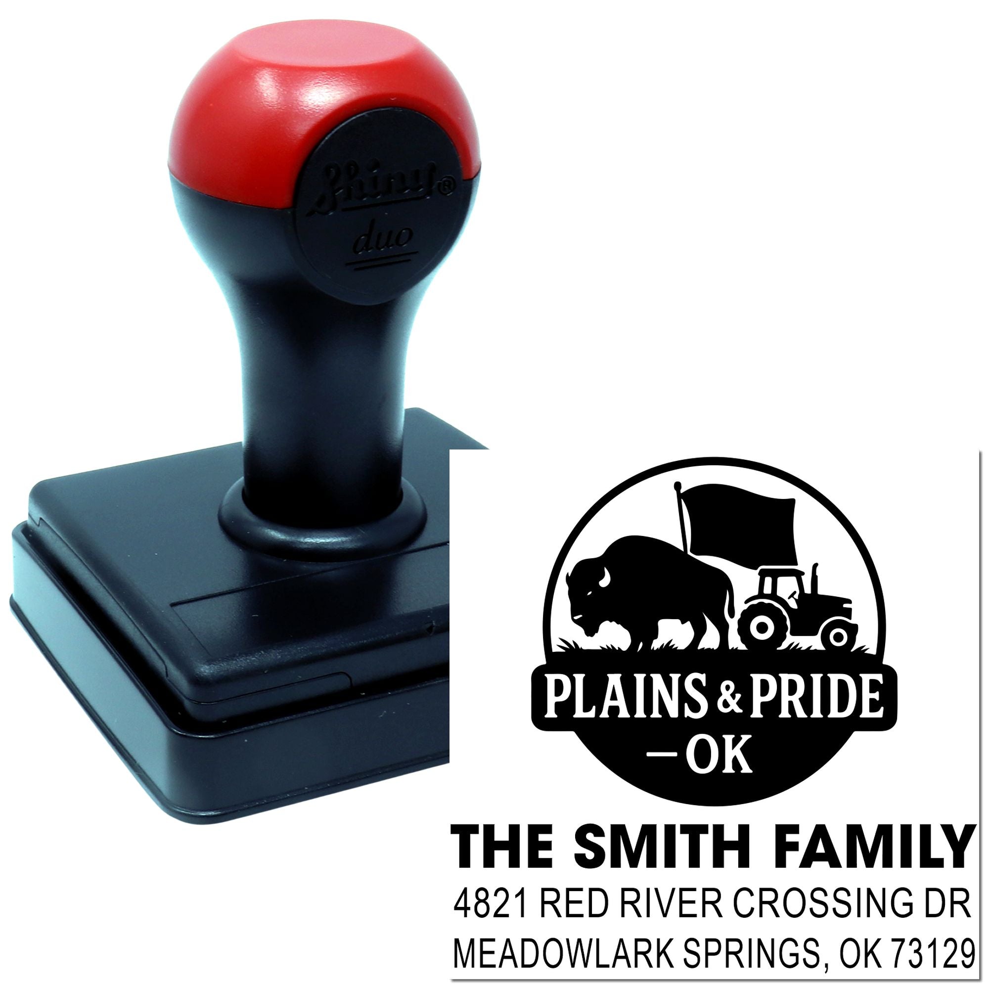 Custom self-inking rubber stamp with Plains & Pride OK farm logo and family return address design.