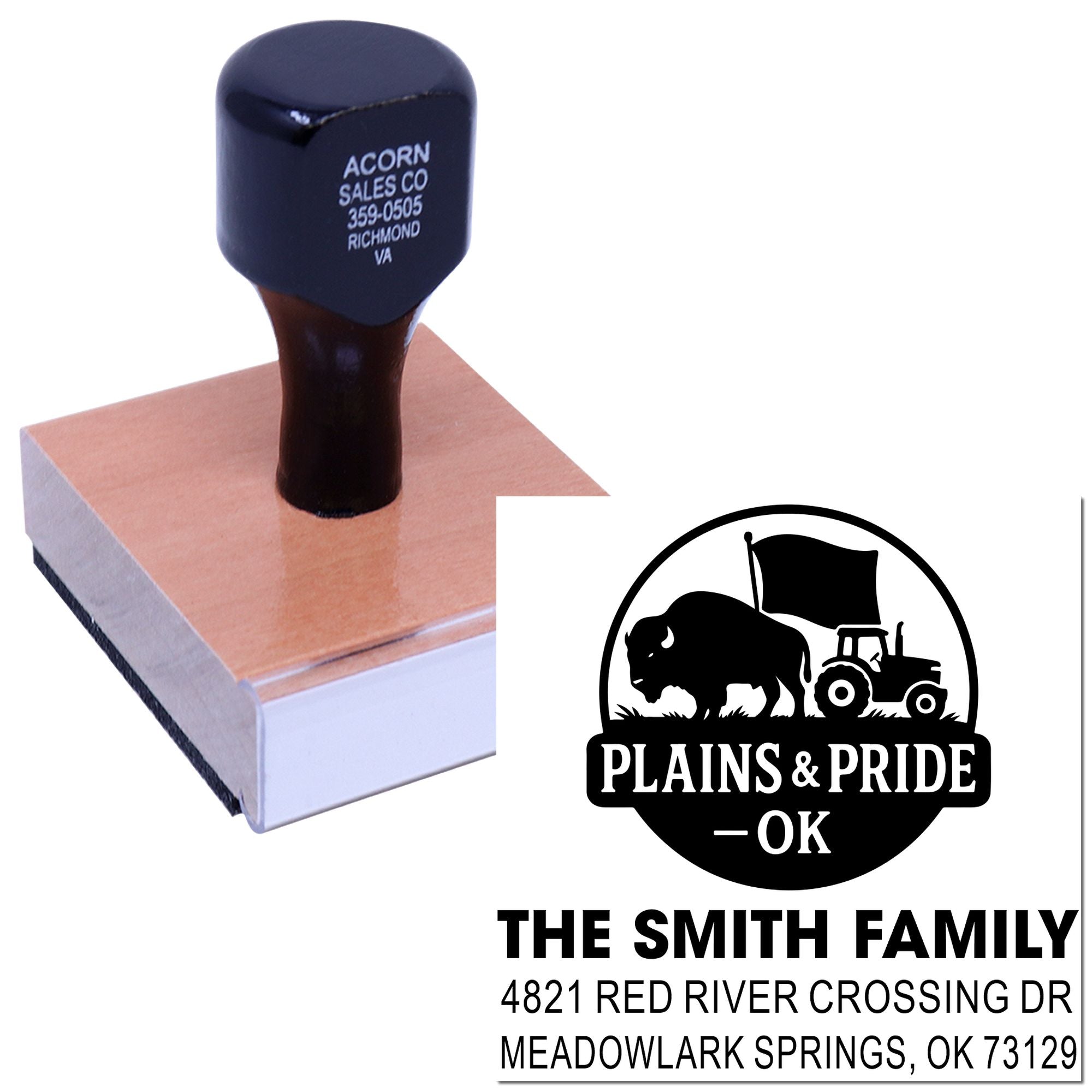 Custom rubber stamp with farm logo and return address for The Smith Family, ideal for personalized mailing.