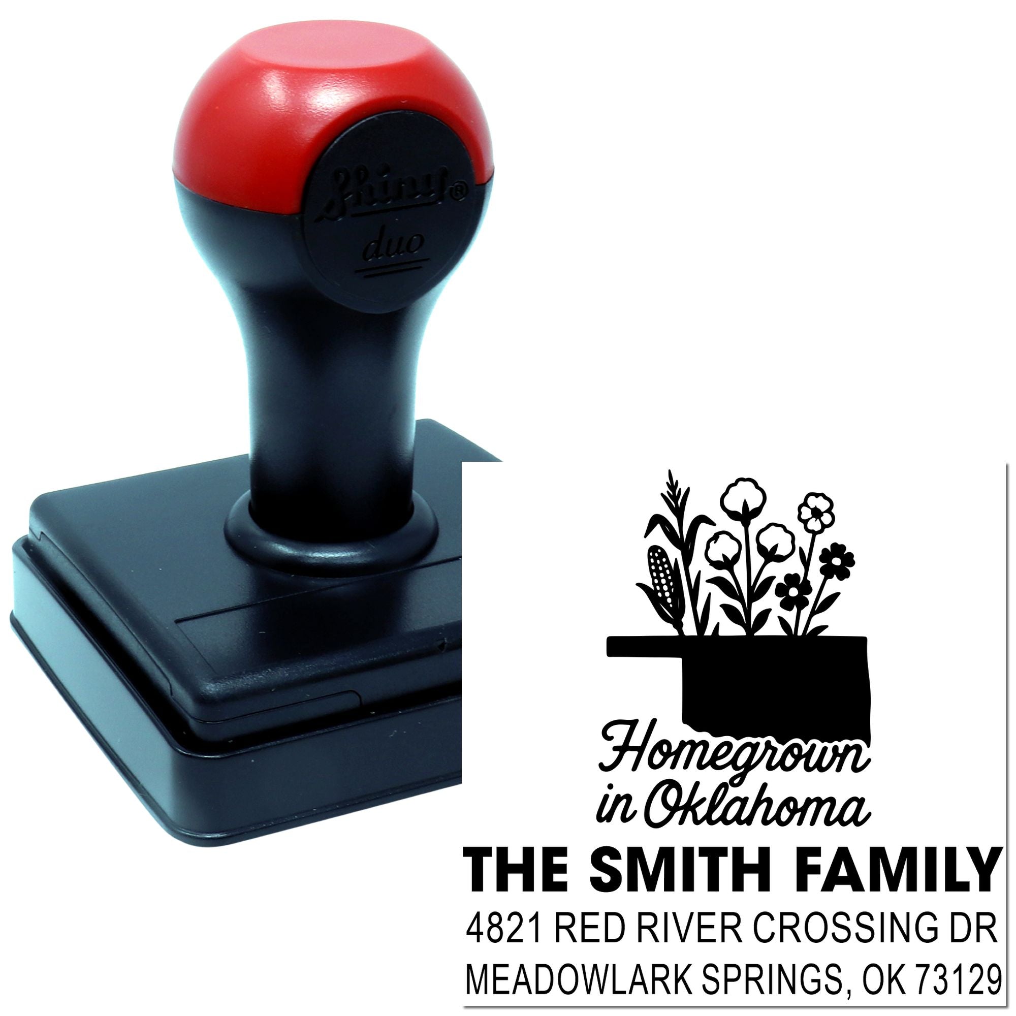 Custom self-inking rubber address stamp with family name, Oklahoma homegrown design, and return address.