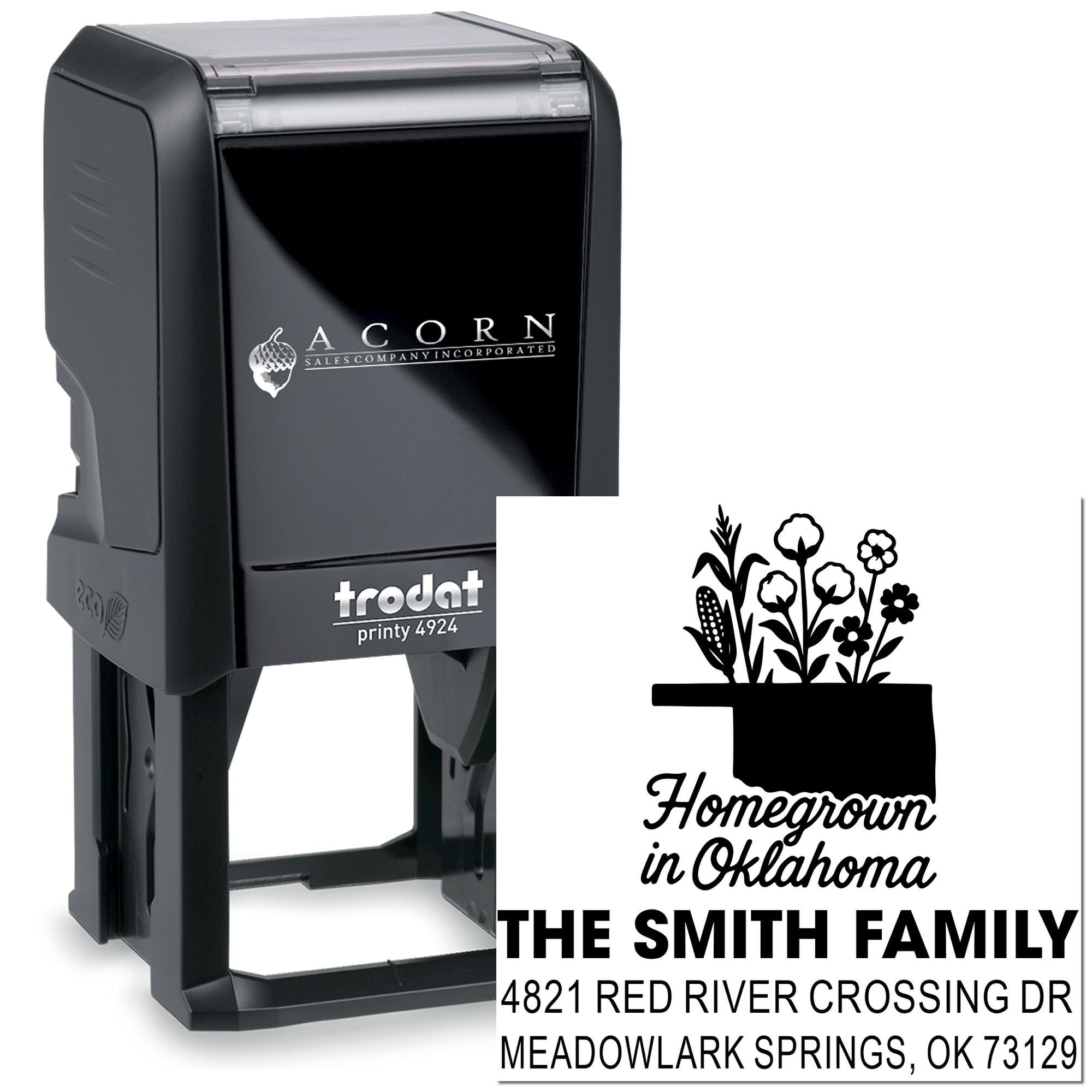 Trodat Printy 4924 custom self-inking address stamp with family logo and Oklahoma return address imprint.