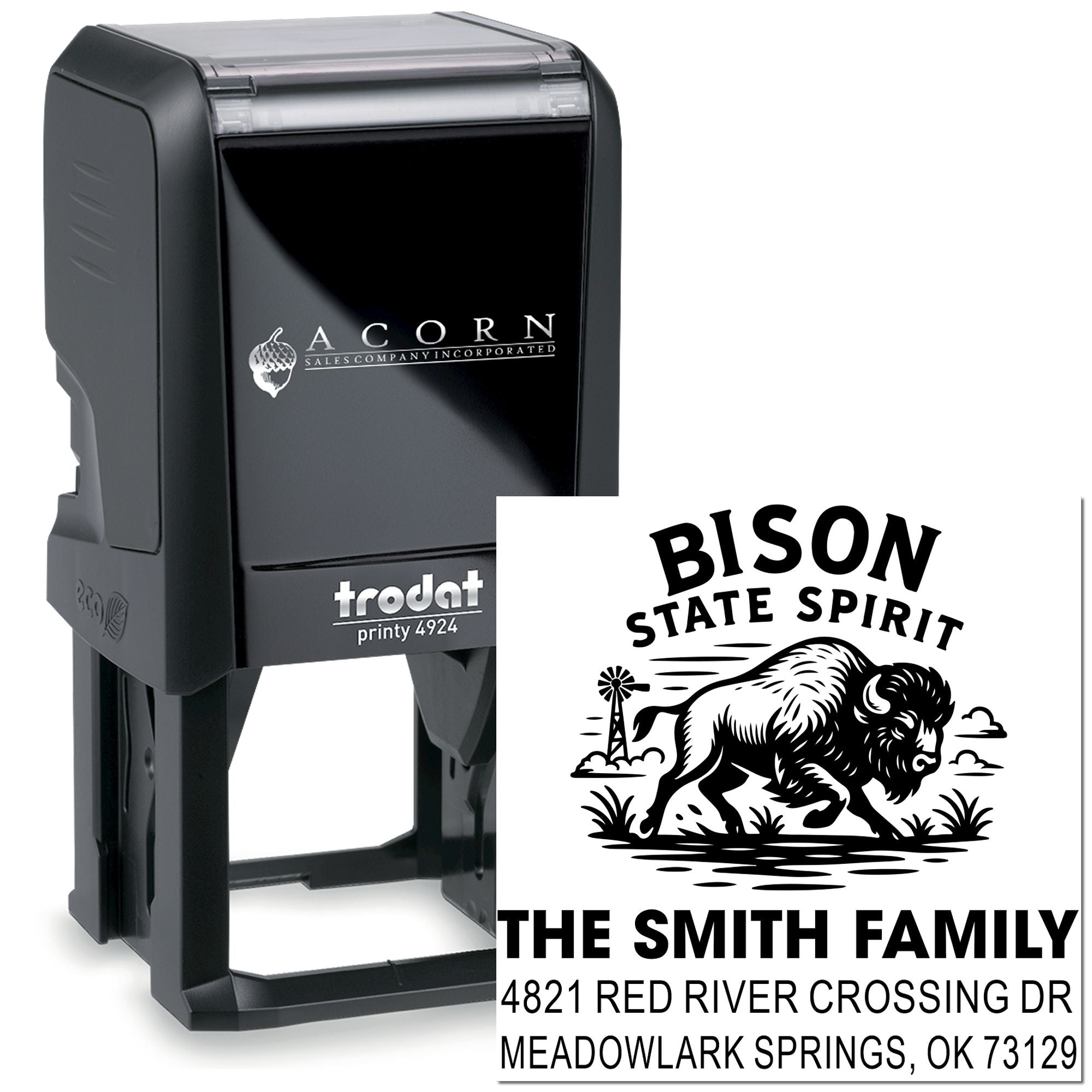 Custom self-inking rubber stamp with Bison State Spirit family address design for personalized mailing and branding.