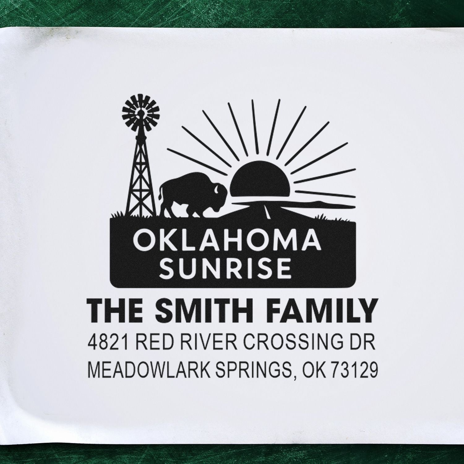 Custom Oklahoma Sunrise rubber stamp for The Smith Family with bison, windmill, and Meadowlark Springs address.