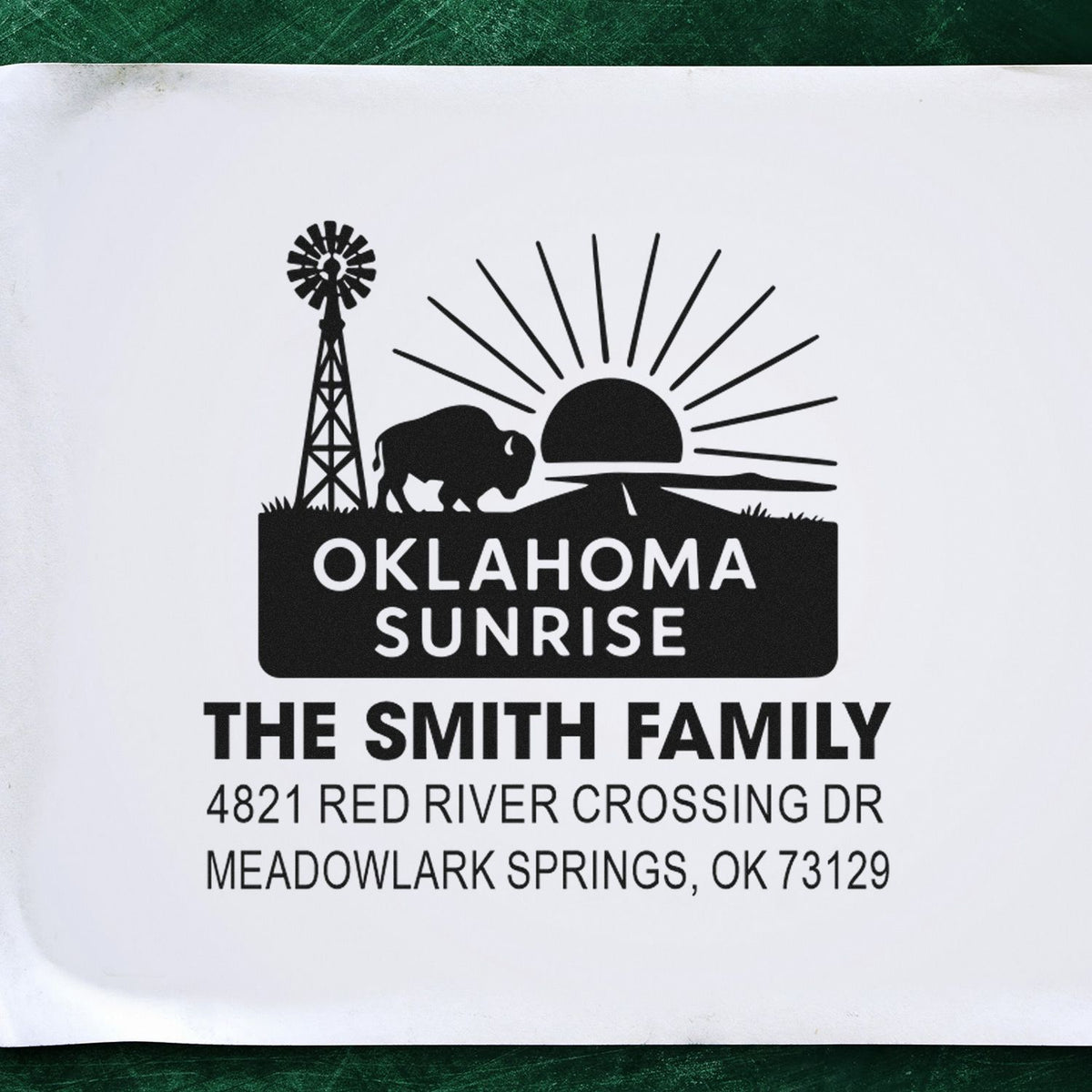 Custom Oklahoma Sunrise rubber stamp for The Smith Family return address, featuring windmill, bison and sunrise design.