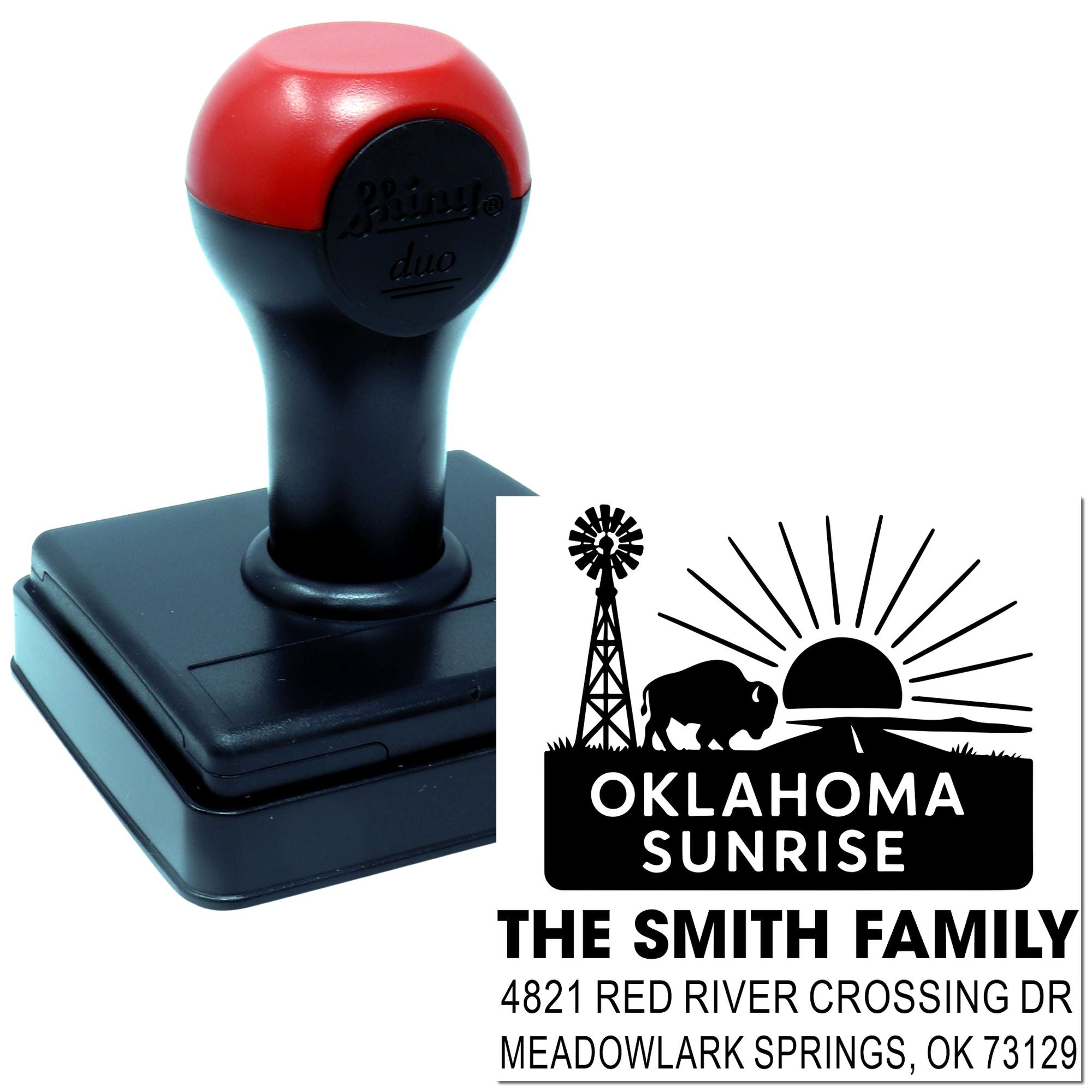 Custom self-inking rubber stamp with Oklahoma Sunrise design and The Smith Family return address imprint