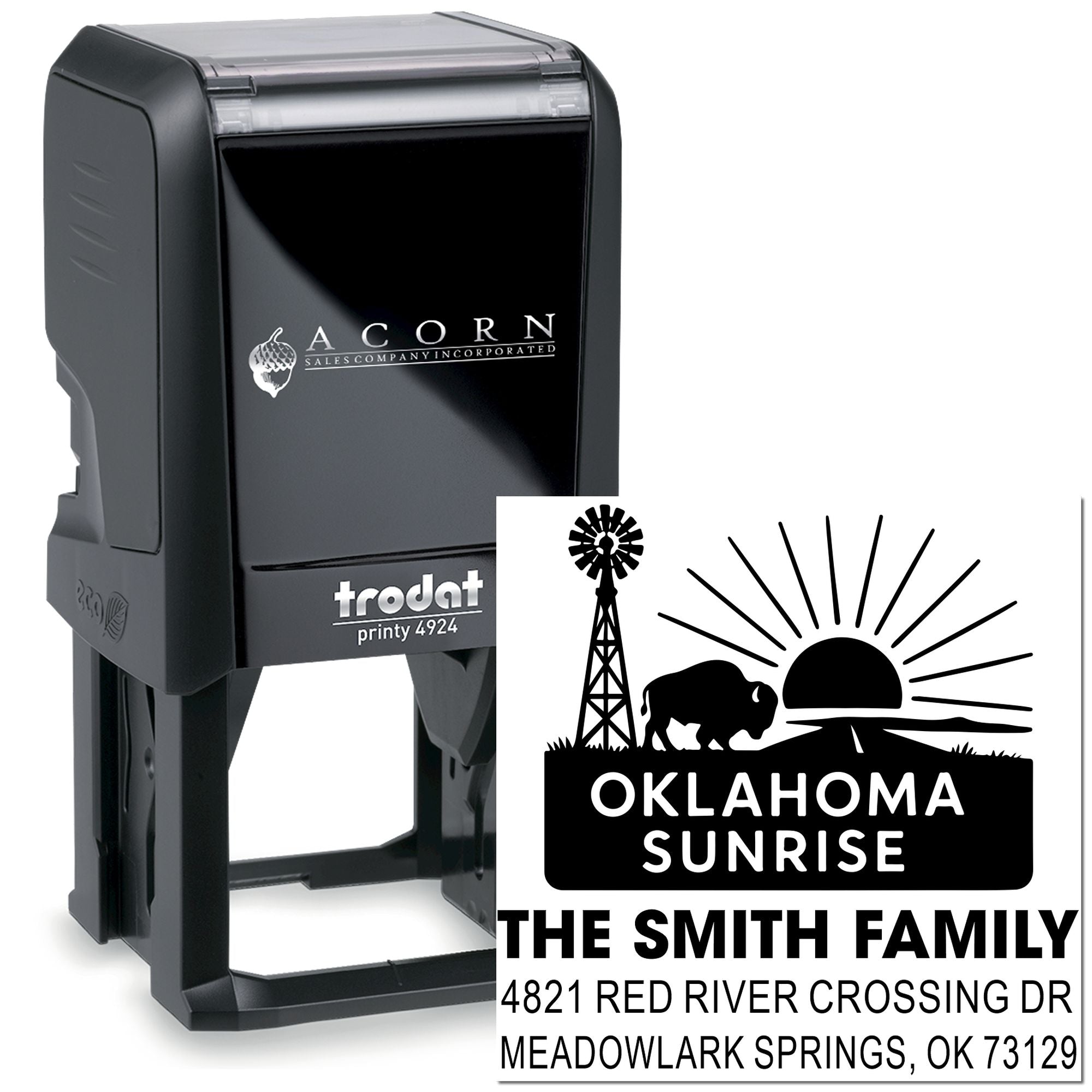 Custom self-inking rubber stamp with Oklahoma Sunrise family return address design for envelopes, mail, and business use.