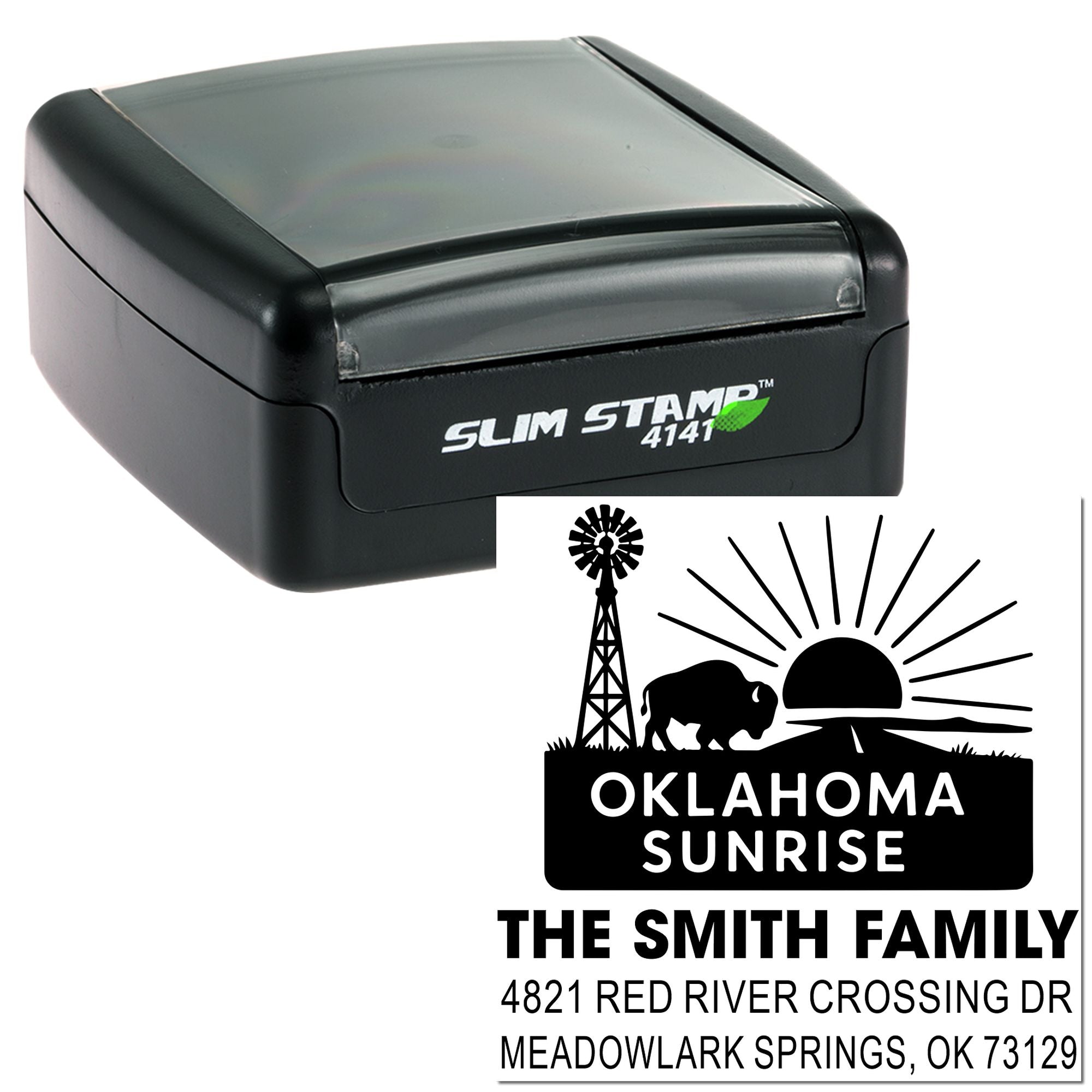 Slim Stamp 4141 self-inking rubber stamp with custom Oklahoma Sunrise return address design for The Smith Family.