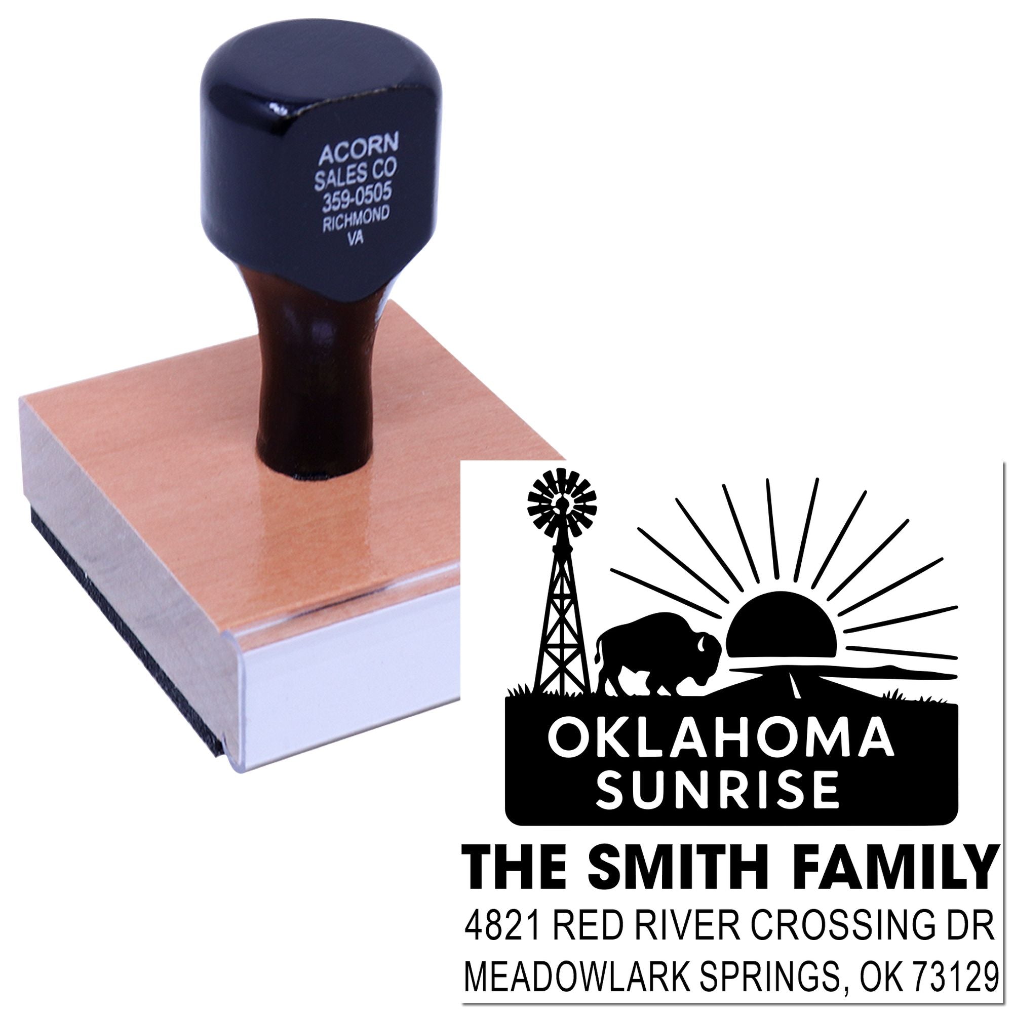 Custom rubber address stamp with Oklahoma Sunrise design and family return address for personalized mailing and branding.