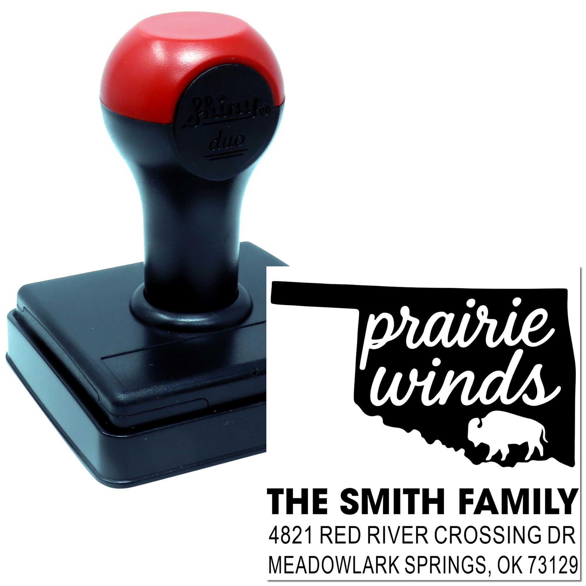 Custom self-inking rubber return address stamp for The Smith Family with Oklahoma prairie winds design