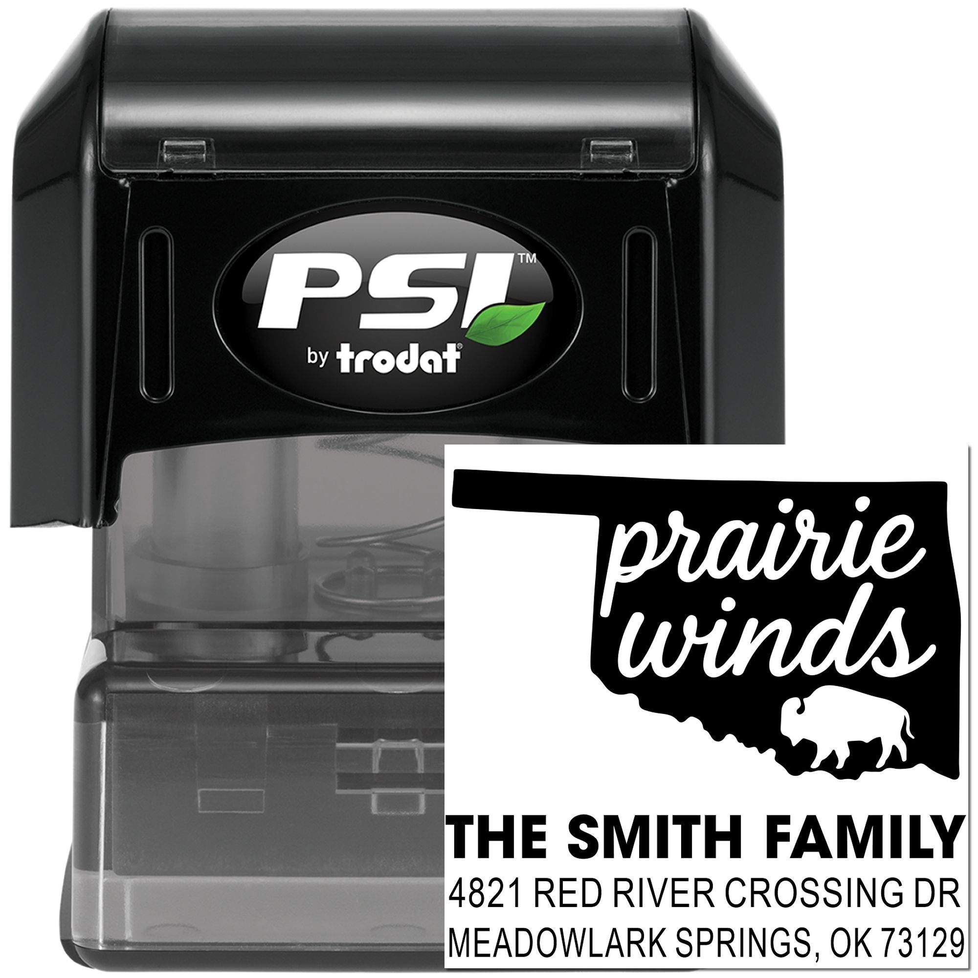 PSI by Trodat self-inking custom return address rubber stamp with Oklahoma Prairie Winds family address design.