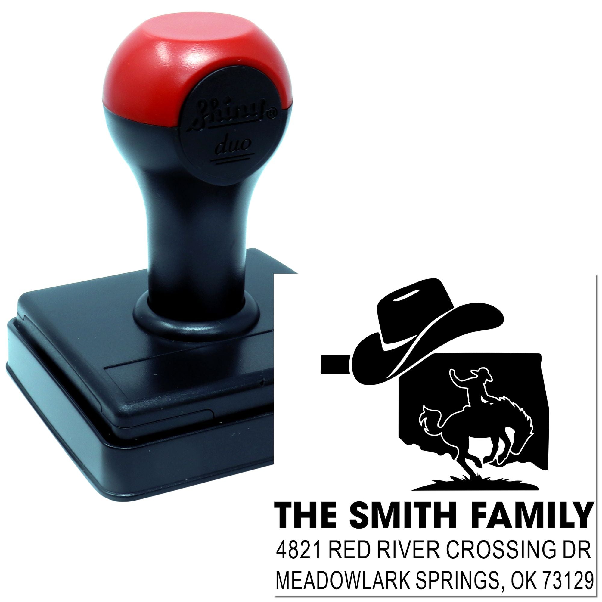 Custom self-inking rubber stamp with cowboy family return address design for The Smith Family, Meadowlark Springs, OK