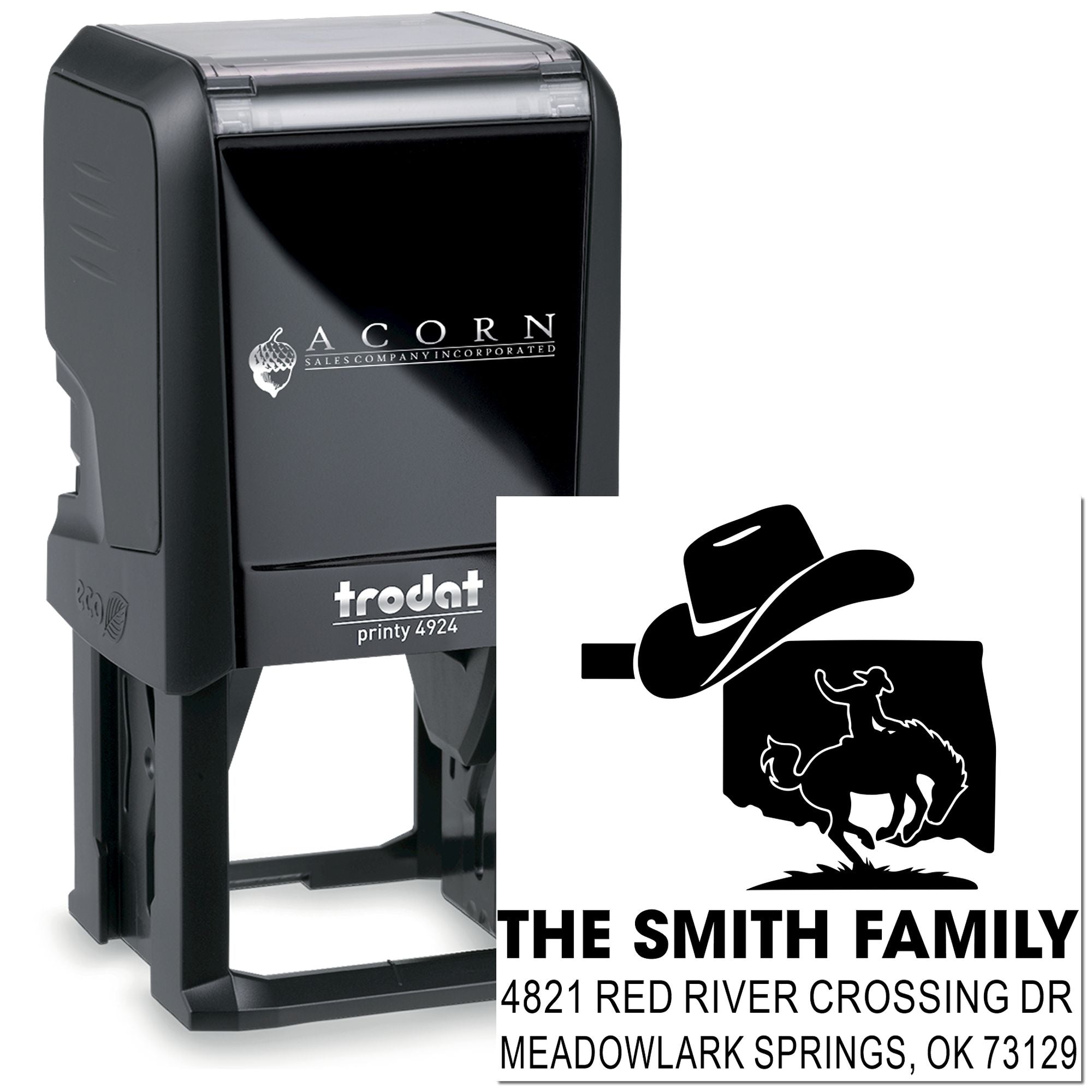 Trodat self-inking rubber address stamp with custom cowboy logo for The Smith Family return address