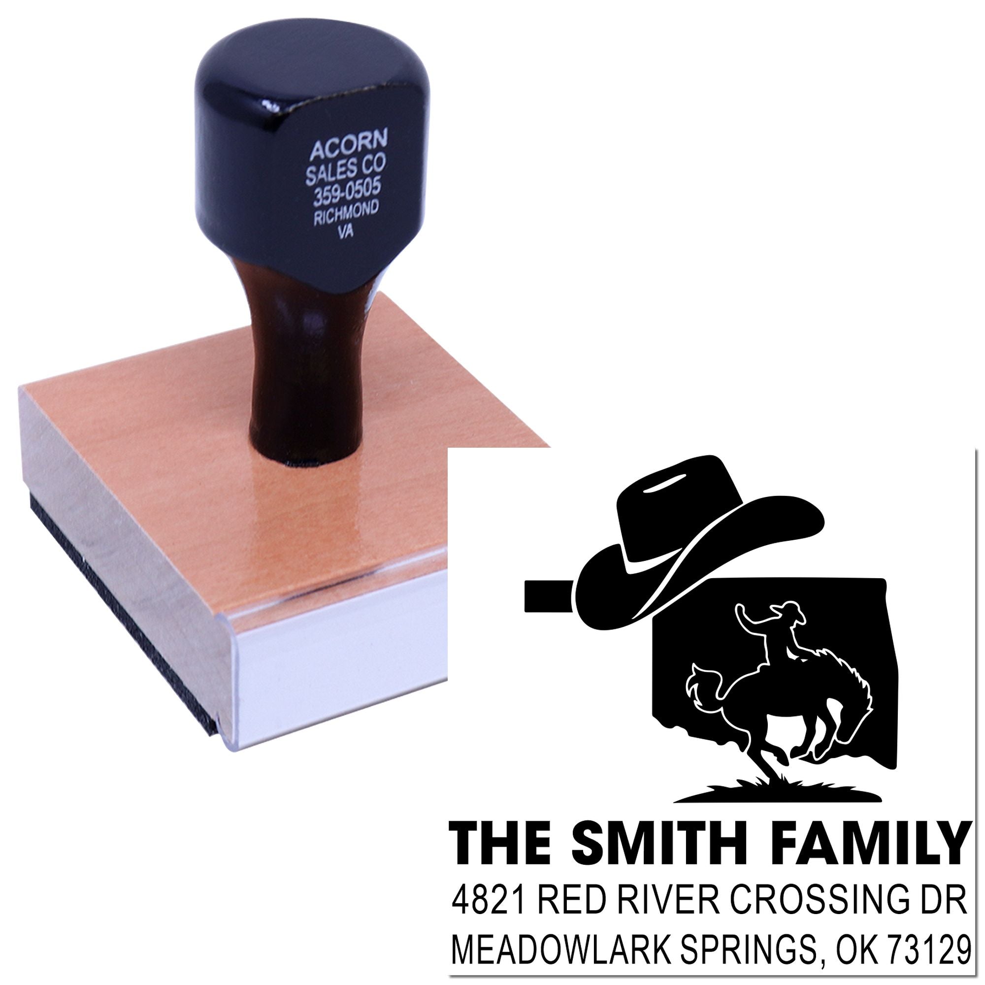Custom western address rubber stamp with cowboy logo, family name, and return address for personalized mailing.