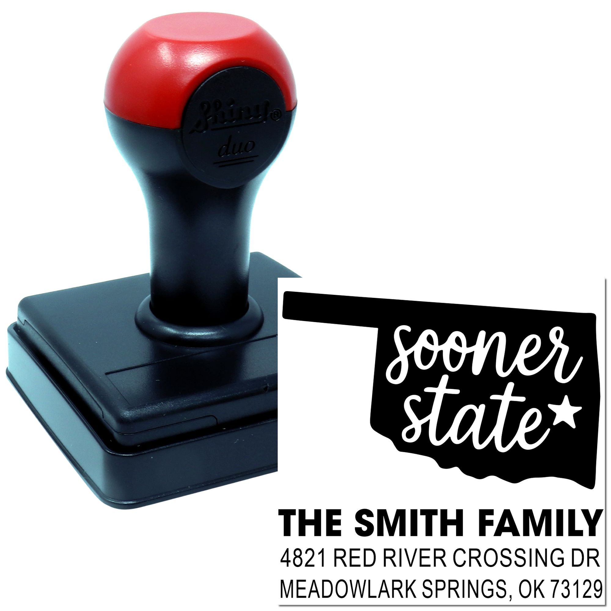 Custom self-inking rubber stamp with Oklahoma Sooner State design and personalized family return address.
