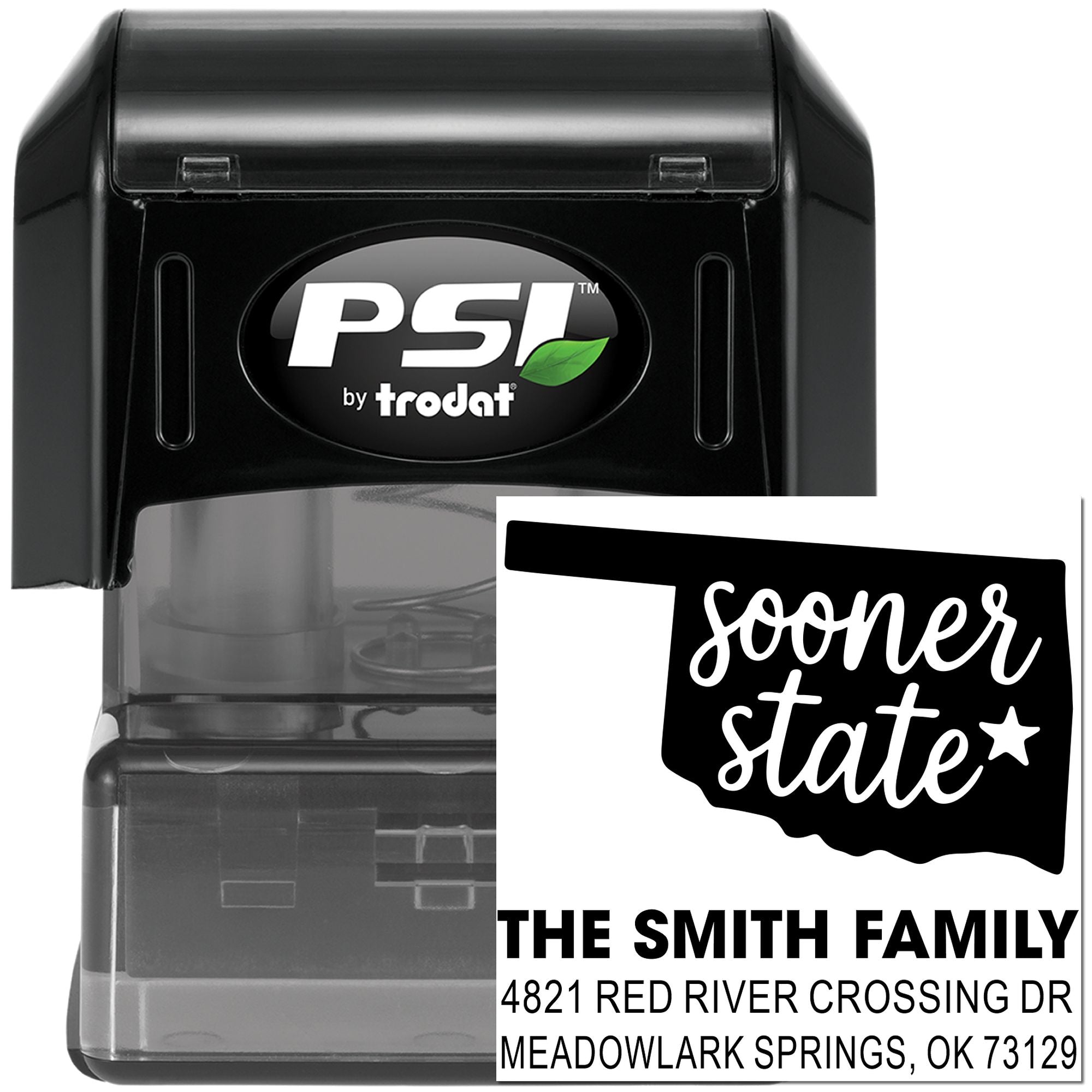 PSI by Trodat self-inking address rubber stamp with custom Oklahoma state design and Smith family return address.