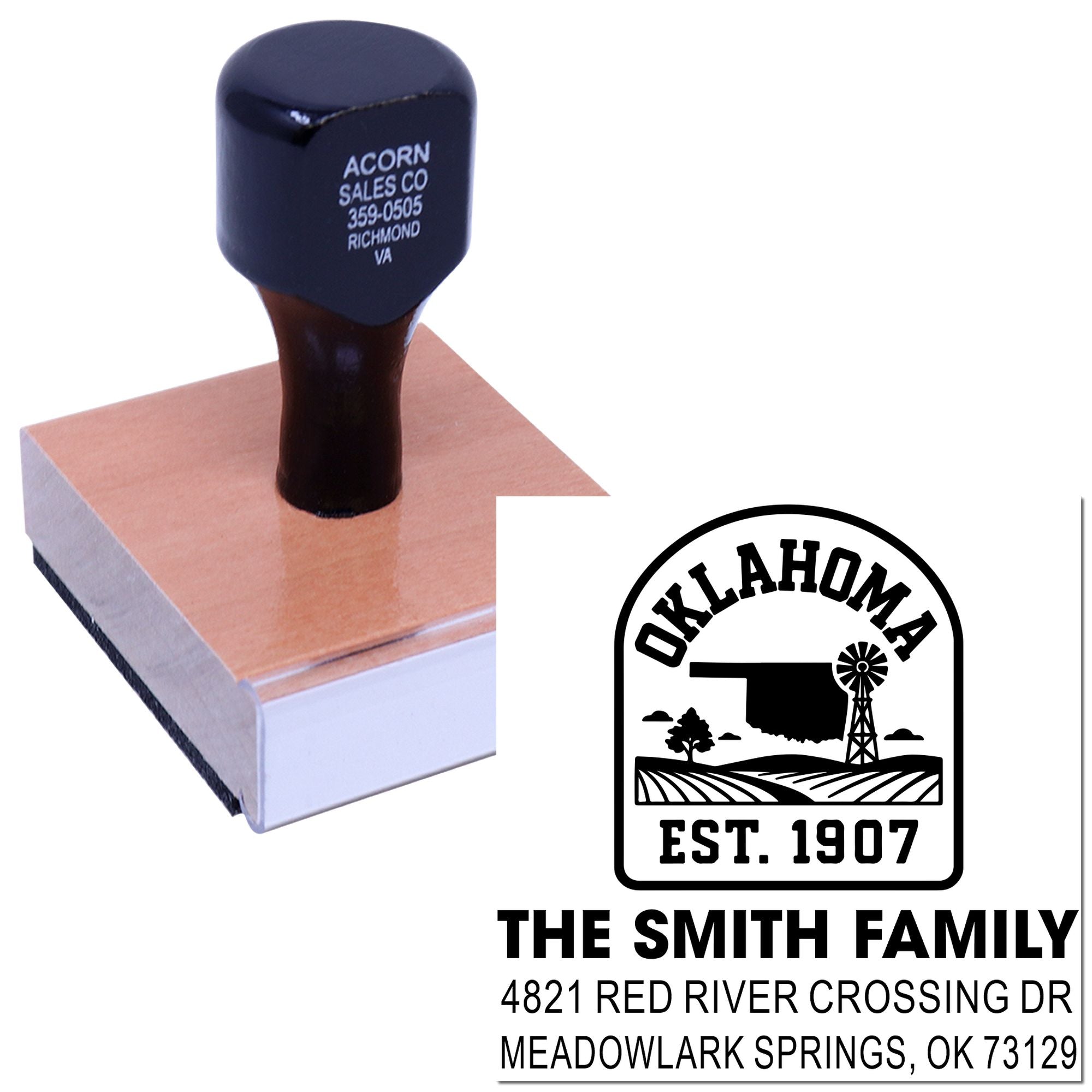 Custom Oklahoma family address rubber stamp with state design and return address for mailing, weddings, or home use.