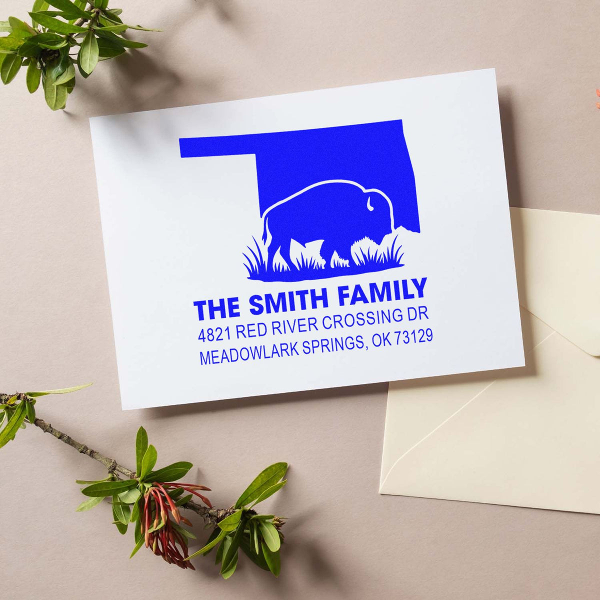 Custom return address rubber stamp with bison logo for The Smith Family, ideal for envelopes and mail.