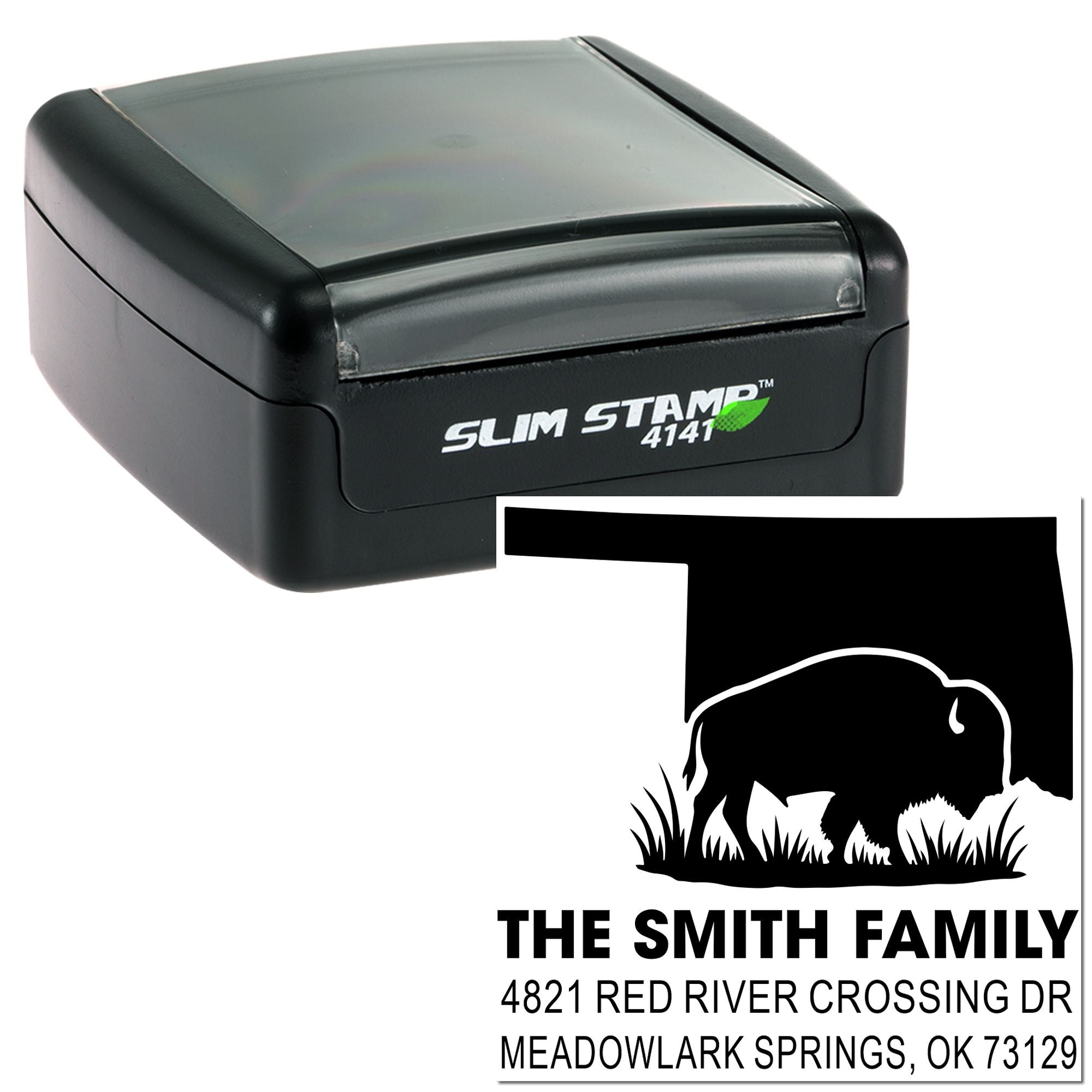 Buffalo State Silhouette Personalized Three-Line Custom Rubber Stamp, 1-5/8" Square, Slim Pre-Inked Handcrafted Stamp