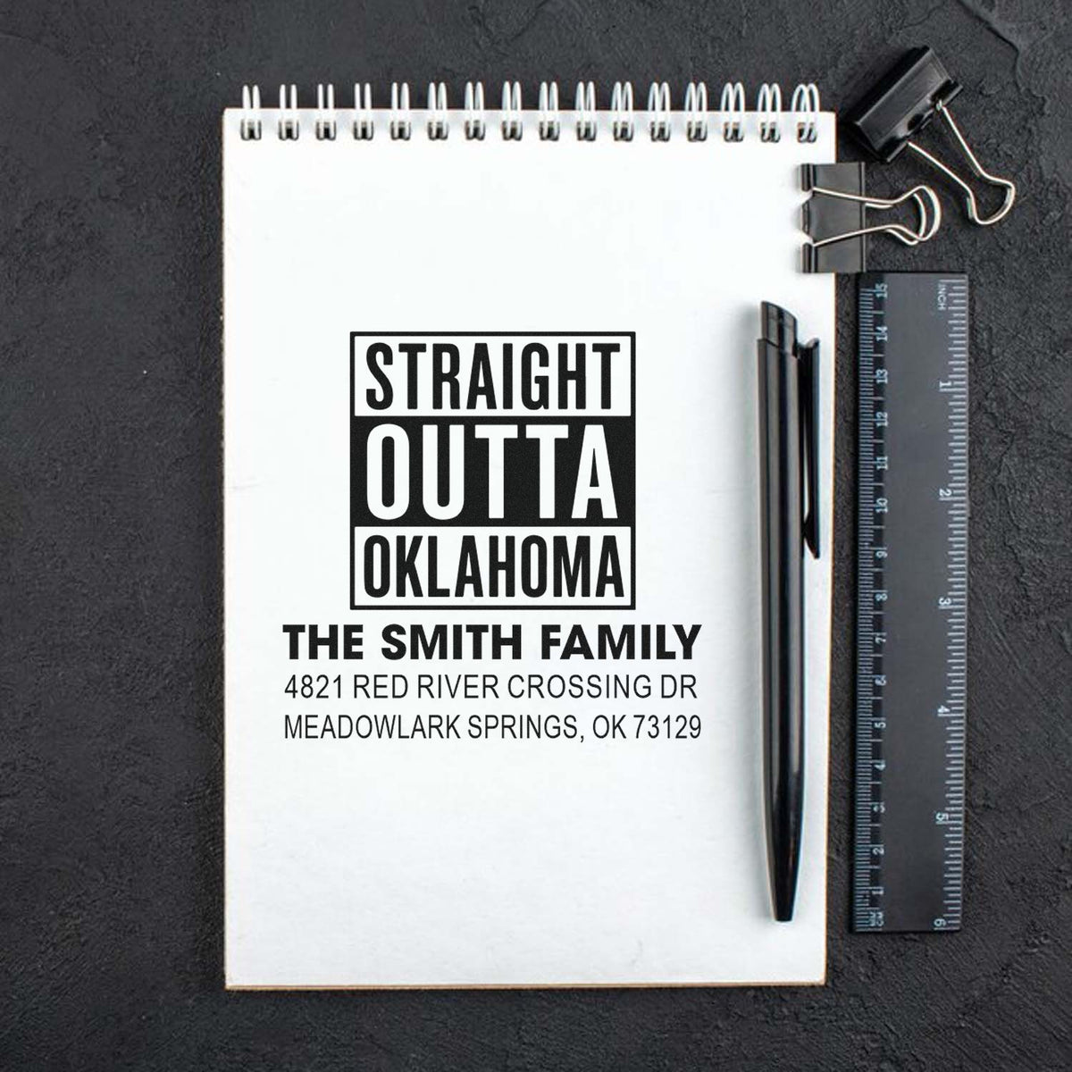 Custom address rubber stamp mockup reading Straight Outta Oklahoma for The Smith Family