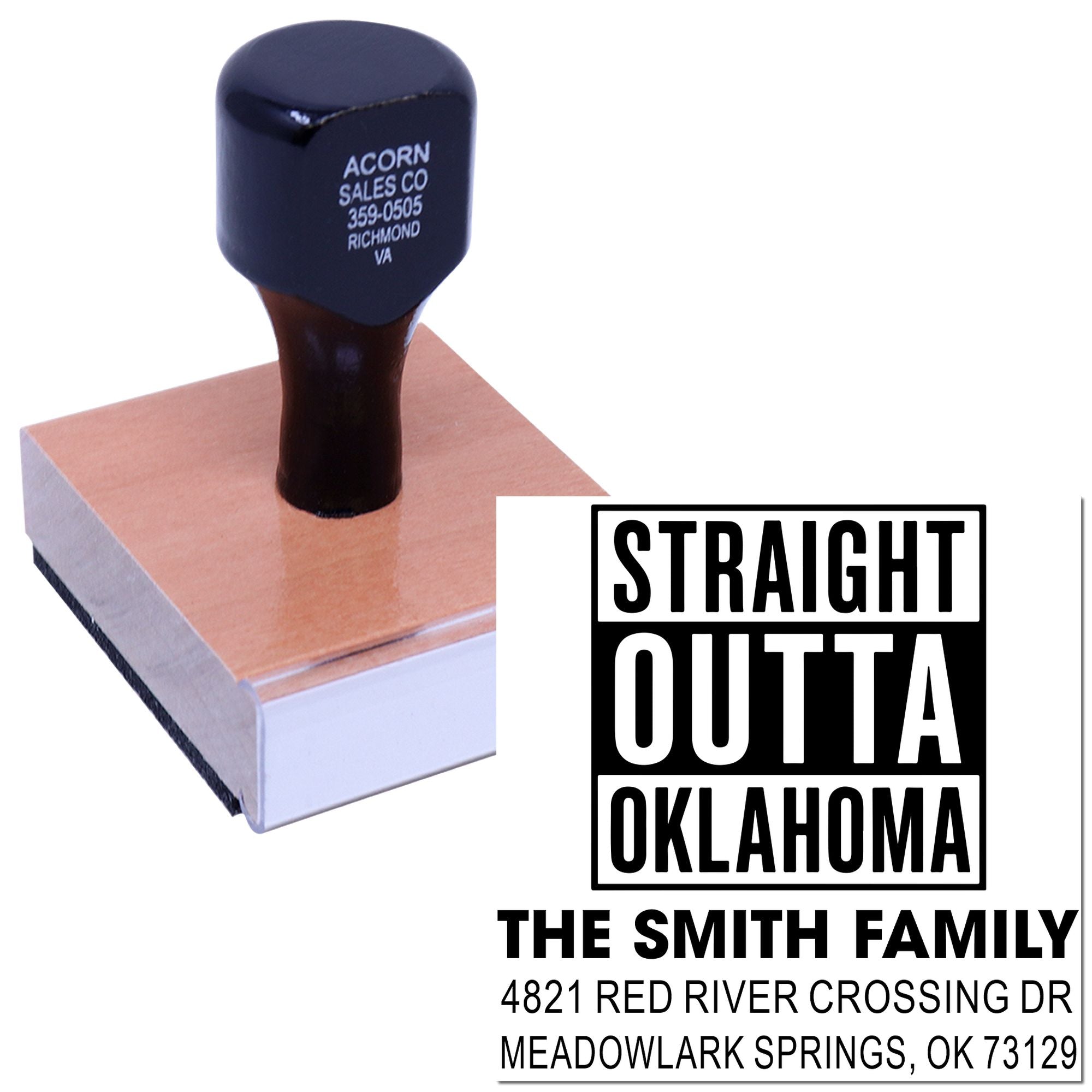 Custom Straight Outta Oklahoma family address rubber stamp with name and return address for personalized mailings.