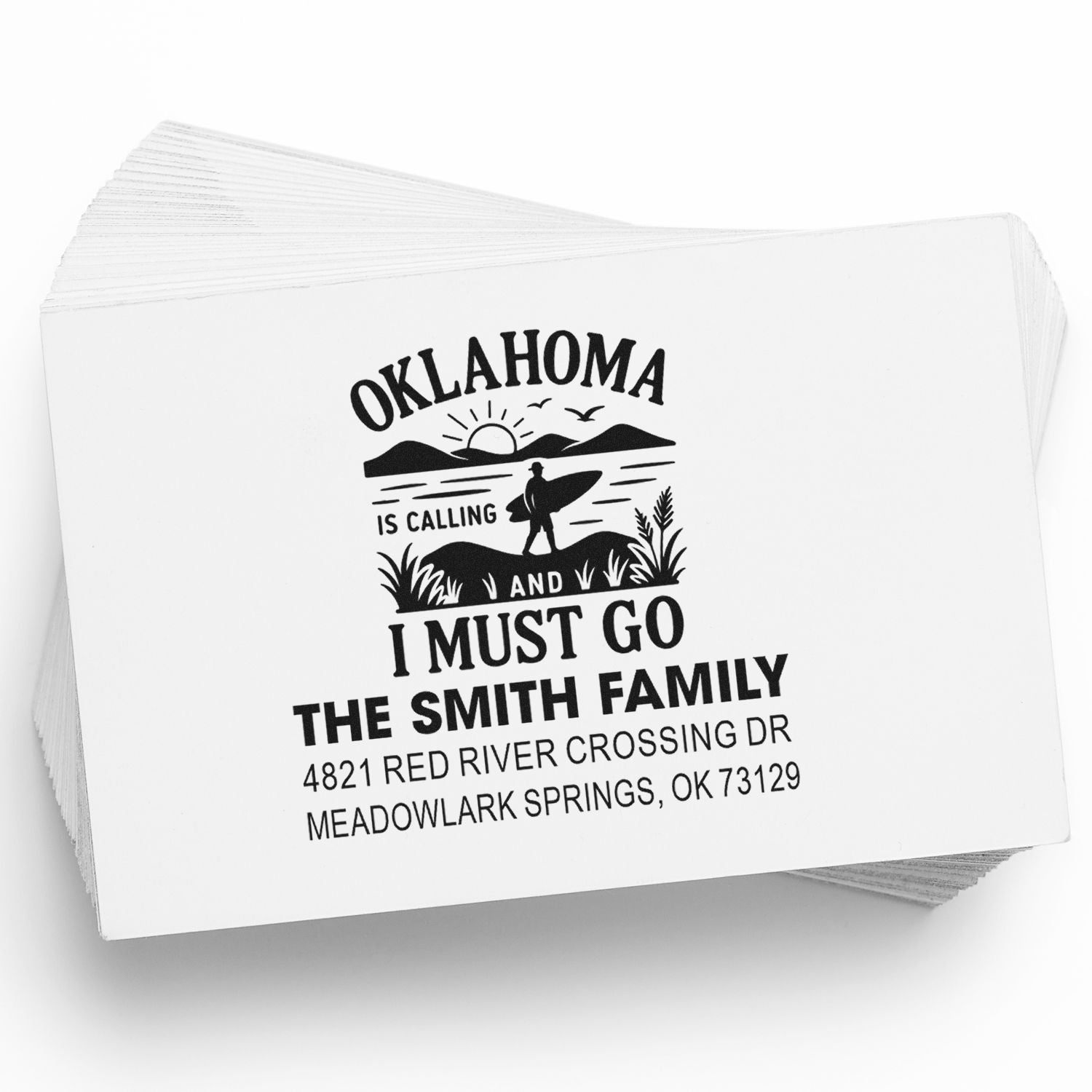 Custom Oklahoma surfer-themed return address rubber stamp for The Smith Family, perfect for personalized mailings.
