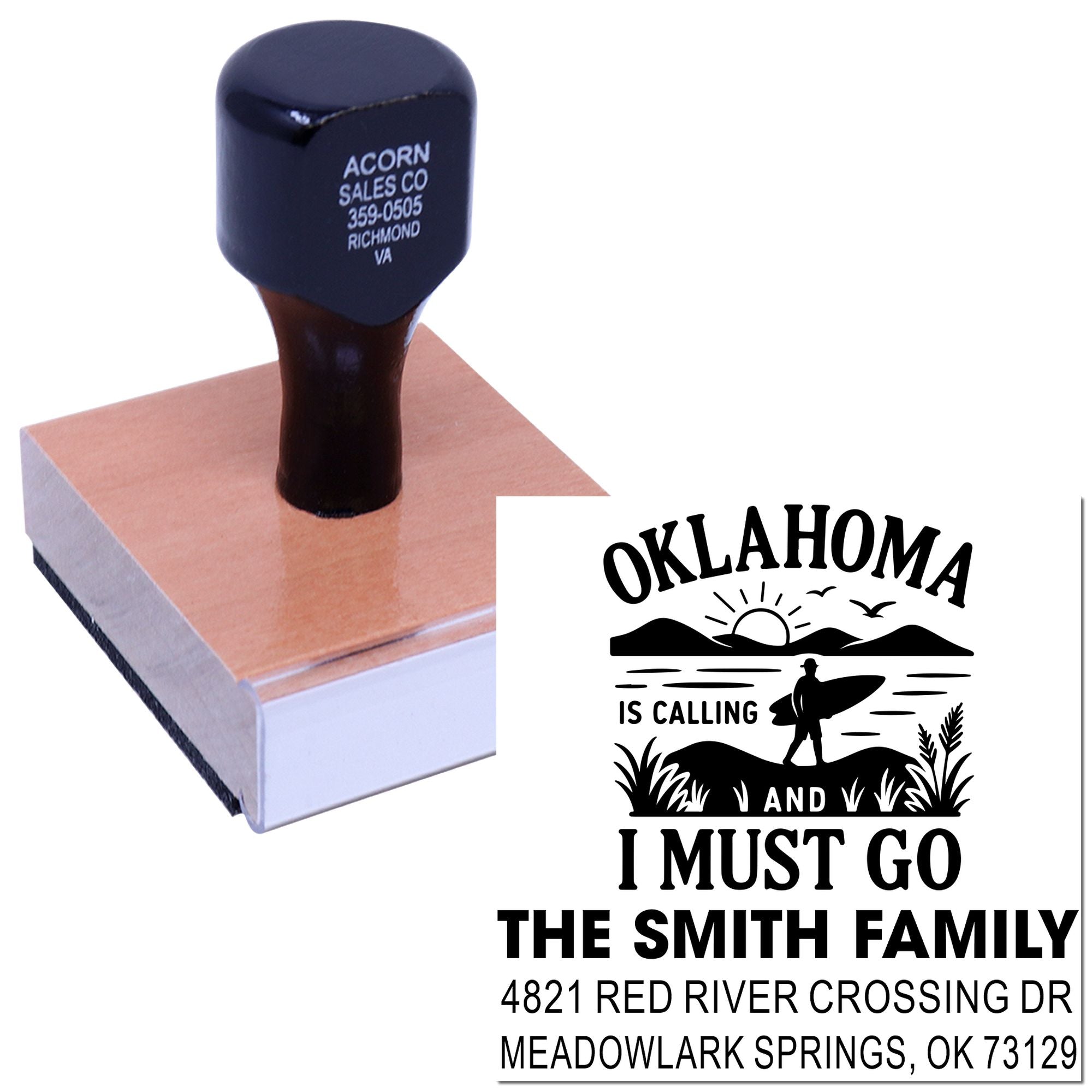 Personalized Oklahoma family address rubber stamp with custom return address design and Oklahoma is Calling theme.