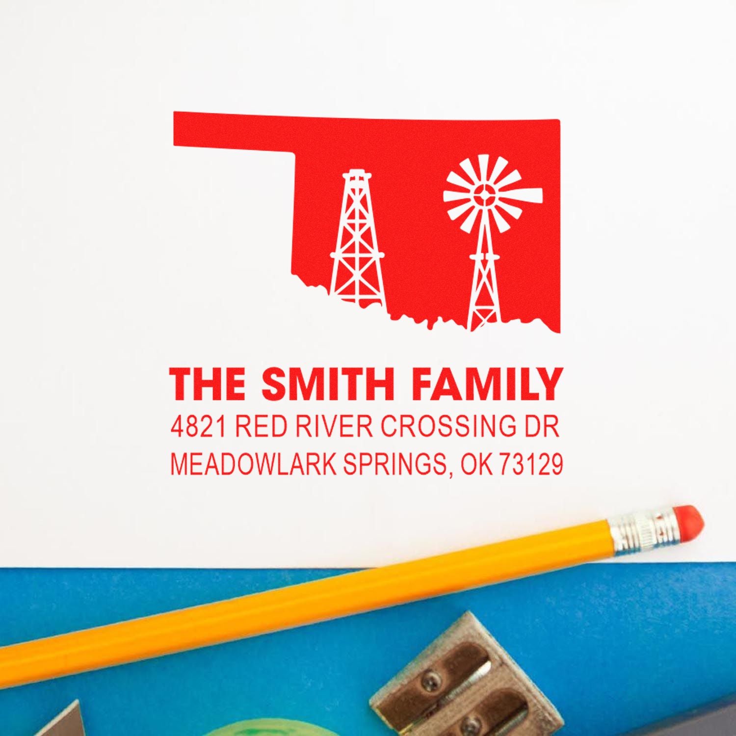 Custom return address rubber stamp with Oklahoma windmill design for The Smith Family, Meadowlark Springs, OK