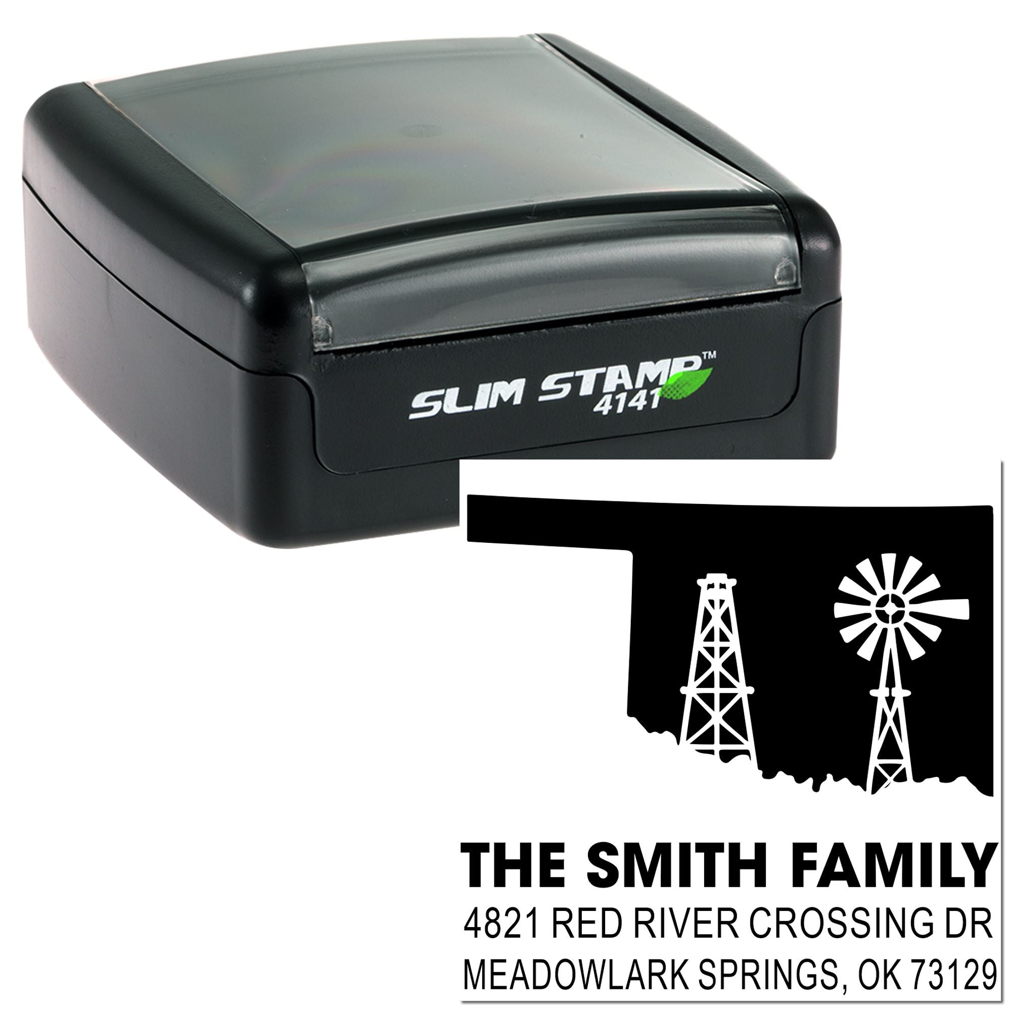 Slim Stamp 4141 self-inking rubber stamp with custom address imprint featuring oil derrick and windmill design for The Smith Family.
