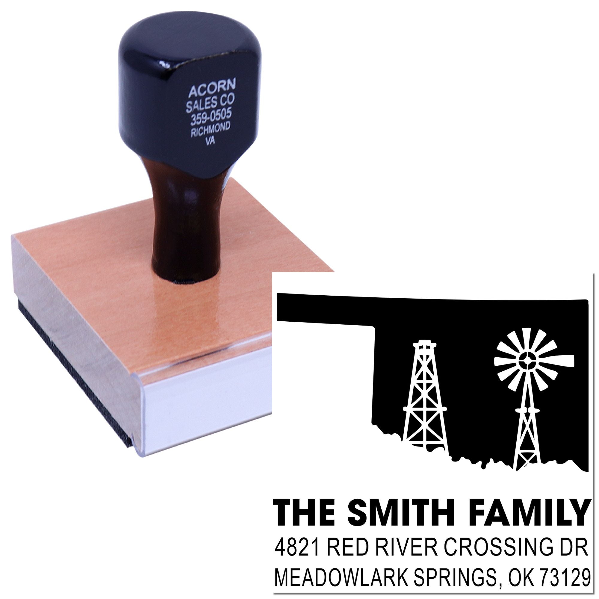 Custom return address rubber stamp for The Smith Family, featuring an Oklahoma address and oil derrick windmill design.