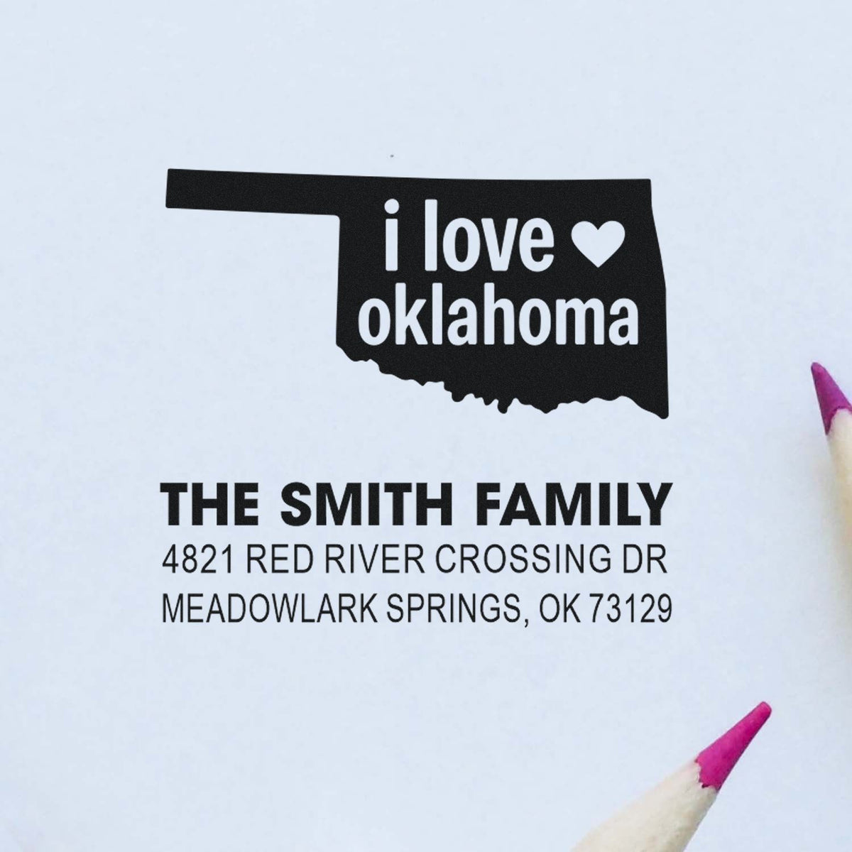 Personalized Oklahoma return address rubber stamp with I love Oklahoma and Smith family address.